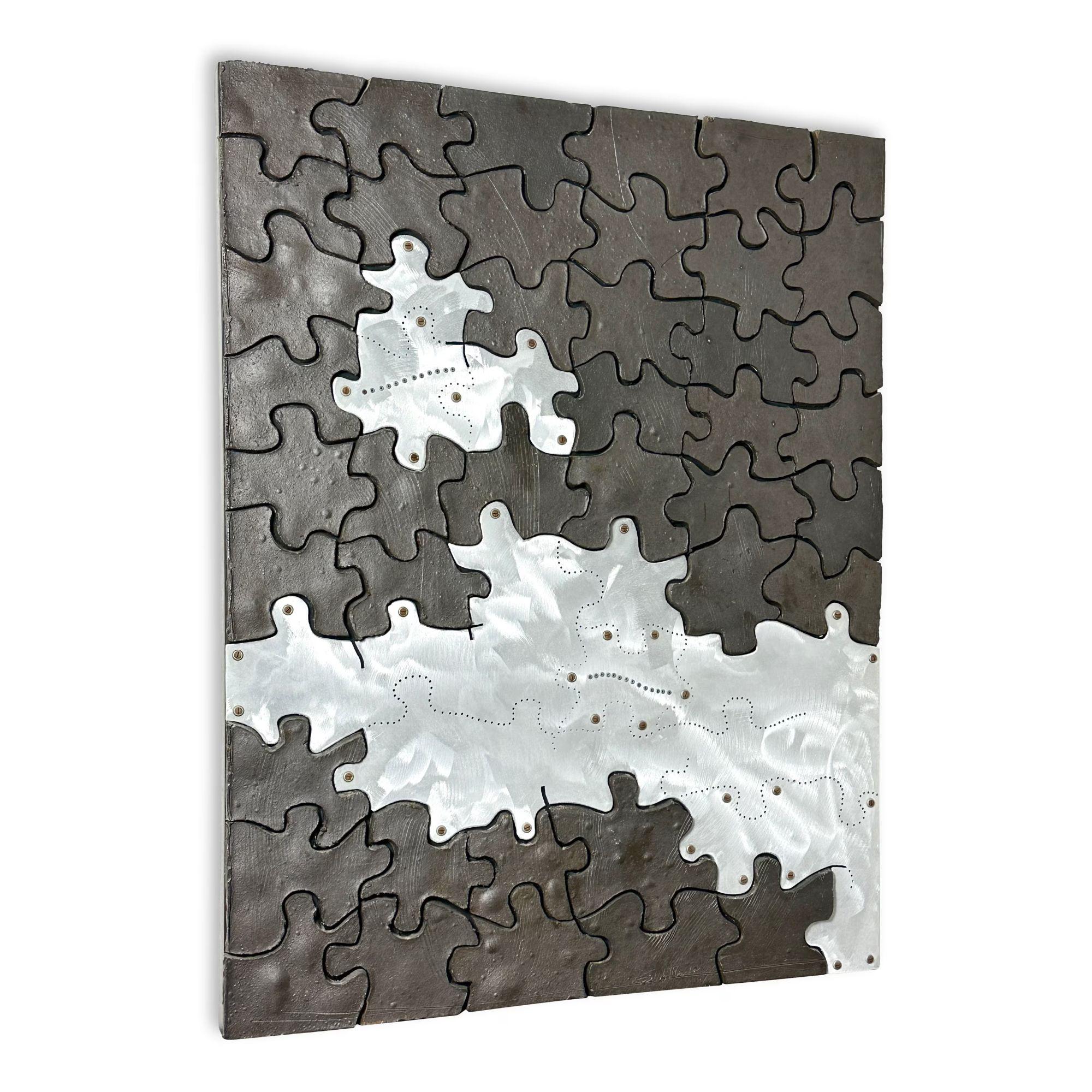 46x36 Mid Century Modern Ceramic Puzzle Mosaic Wall Sculpture by John Stephenson 

Incredible modern art wall sculpture by Michigan artist John Stephenson 1975
High fire clay and aluminum puzzle titled Ecological Jig #7
Mounted to wood frame and