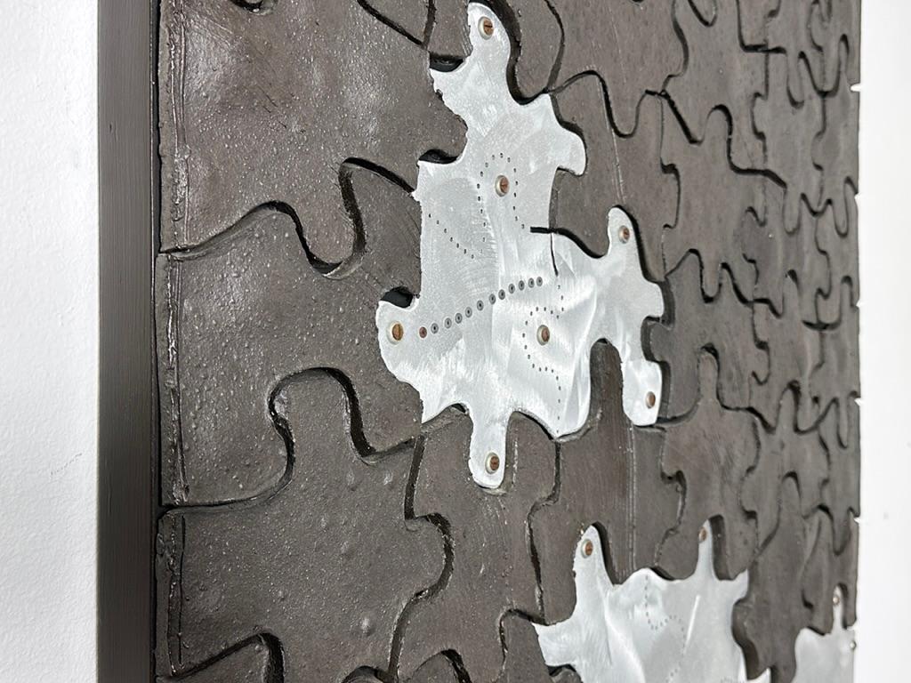 Aluminum Mid Century Modern Ceramic Puzzle Mosaic Wall Sculpture by John Stephenson 1975 For Sale