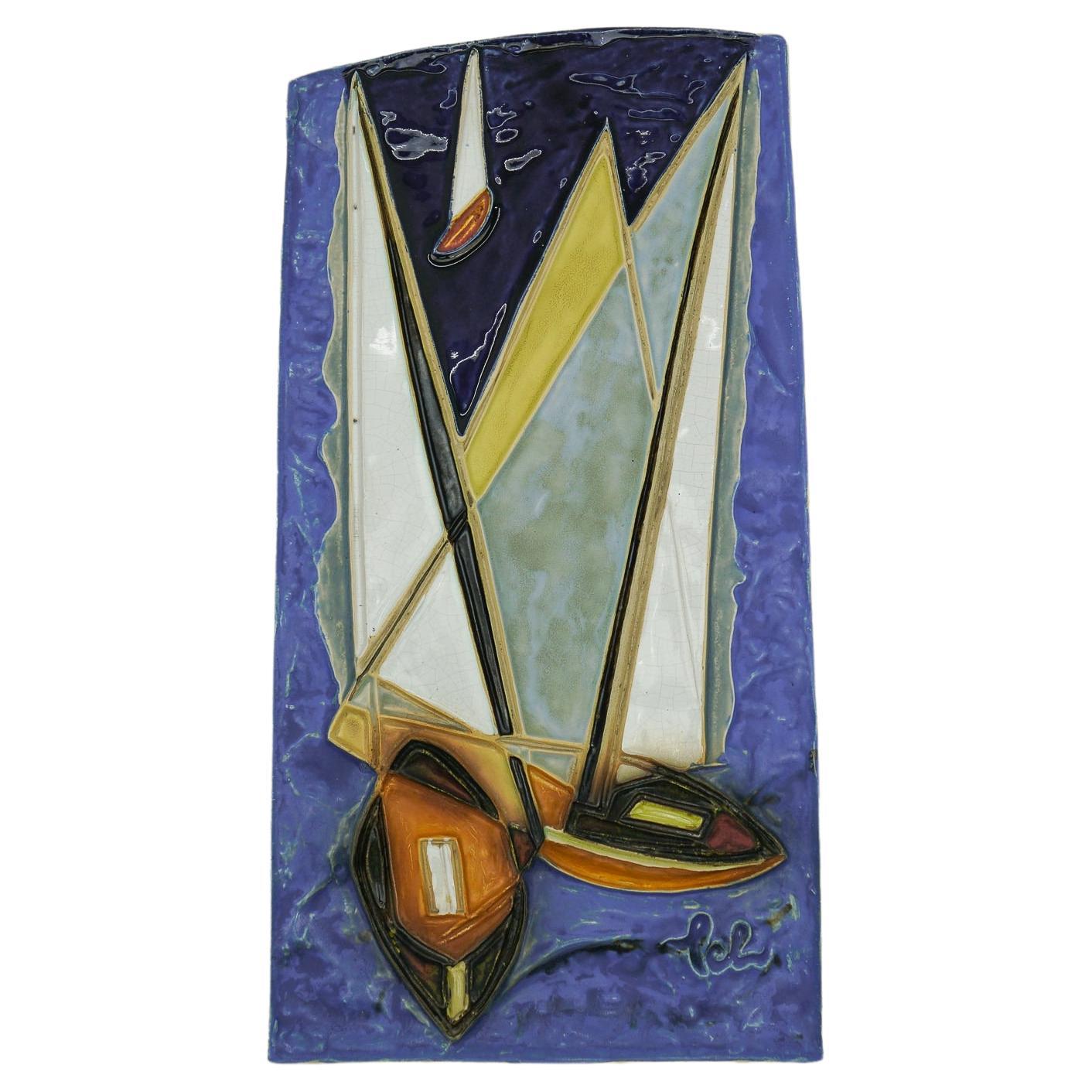 Mid-Century Modern Ceramic Relief Tile Plaque "Sailing" by Helmut Schaffenacker For Sale