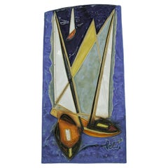 Retro Mid-Century Modern Ceramic Relief Tile Plaque "Sailing" by Helmut Schaffenacker