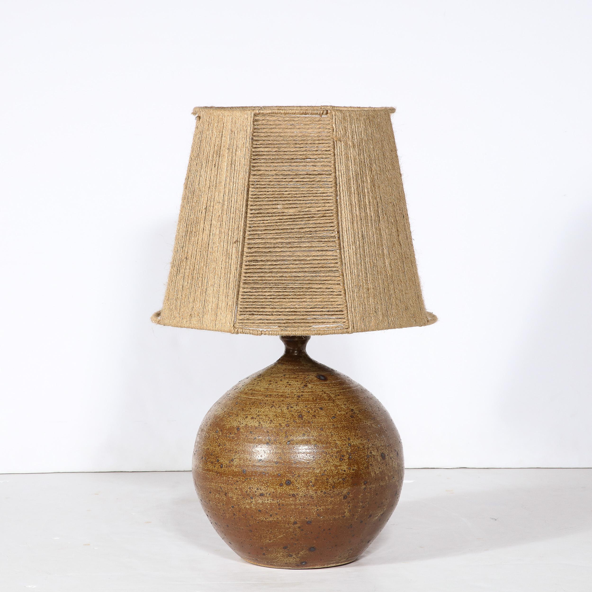 French Mid-Century Modern Ceramic Table Lamp in Burnt Umber Glaze with Hatched Twine