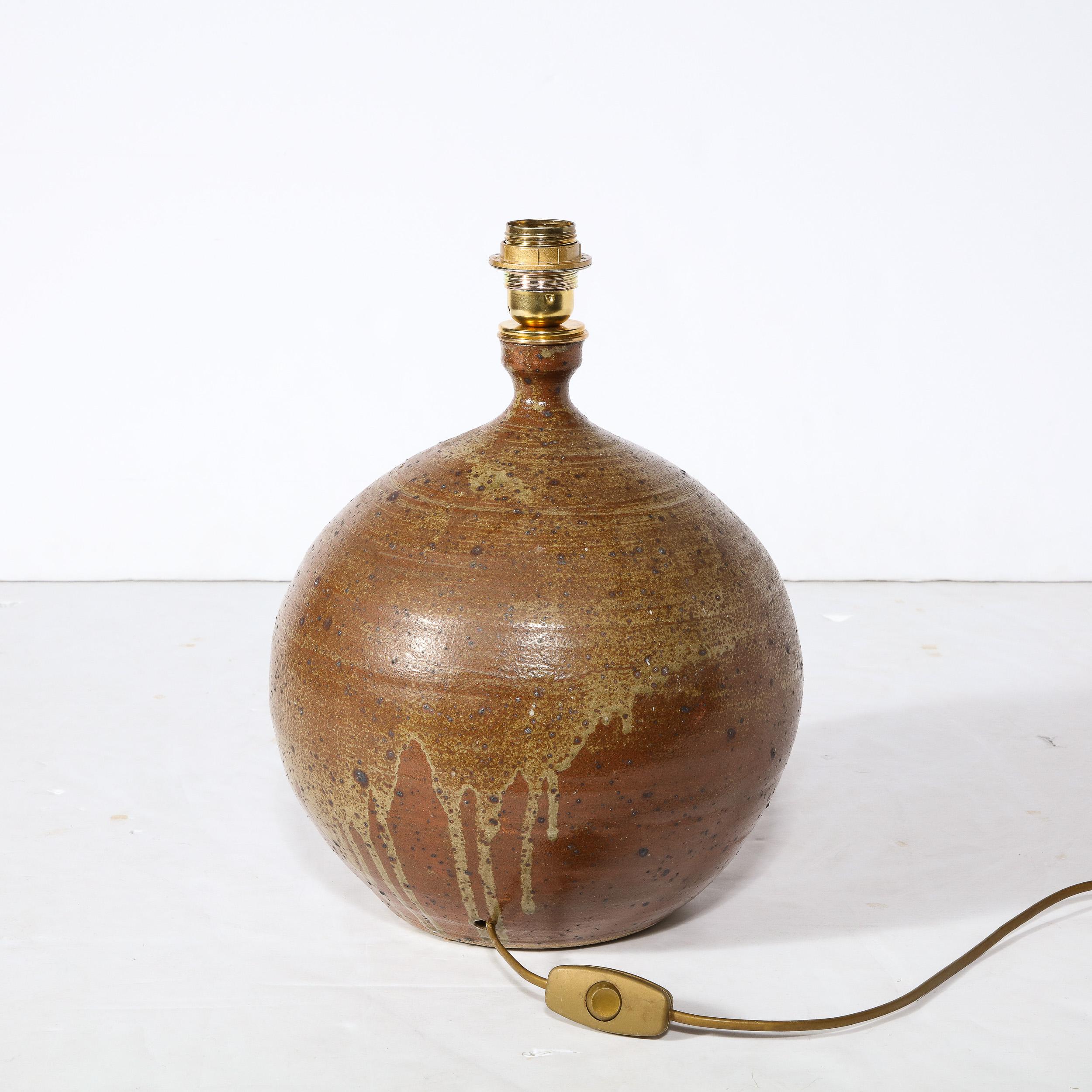 Mid-Century Modern Ceramic Table Lamp in Burnt Umber Glaze with Hatched Twine 2