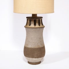 Mid-Century Modern Ceramic Table Lamp w/ Arcade Detailing and Raw Fiber Shade