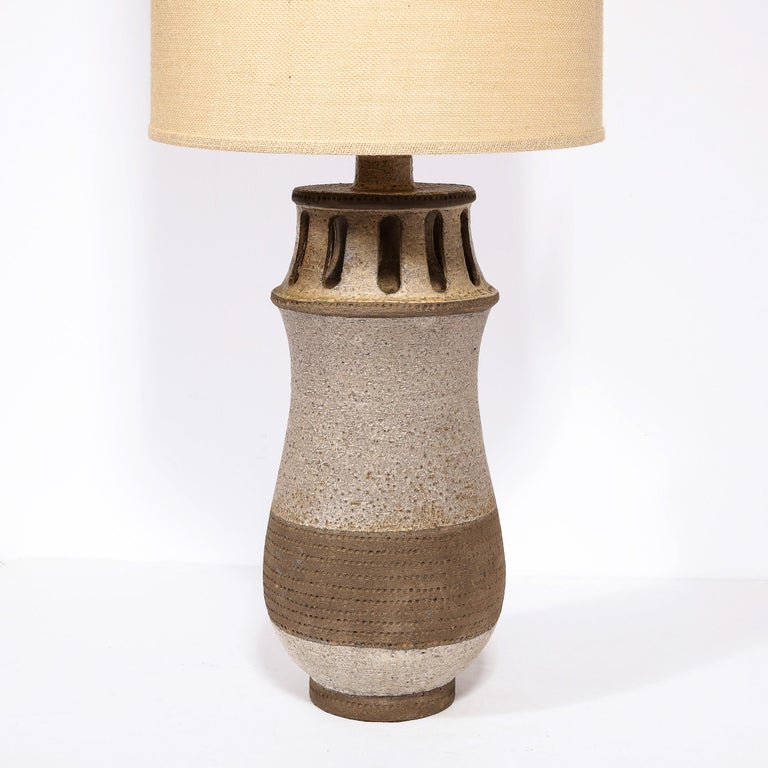 Mid-Century Modern Ceramic Table Lamp w/ Arcade Detailing and Raw Fiber ...