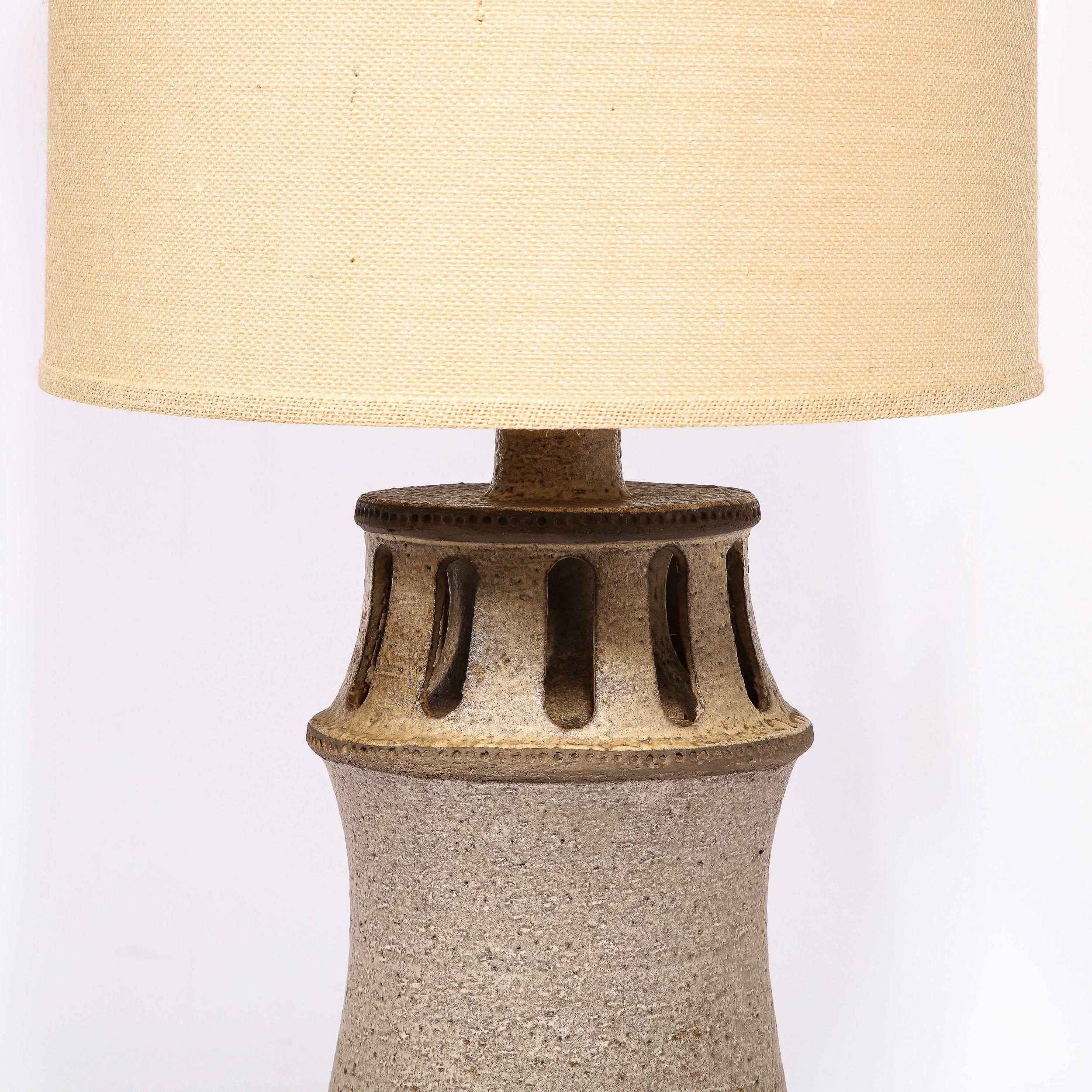 Hand-Crafted Mid-Century Modern Ceramic Table Lamp w/ Arcade Detailing and Raw Fiber Shade For Sale