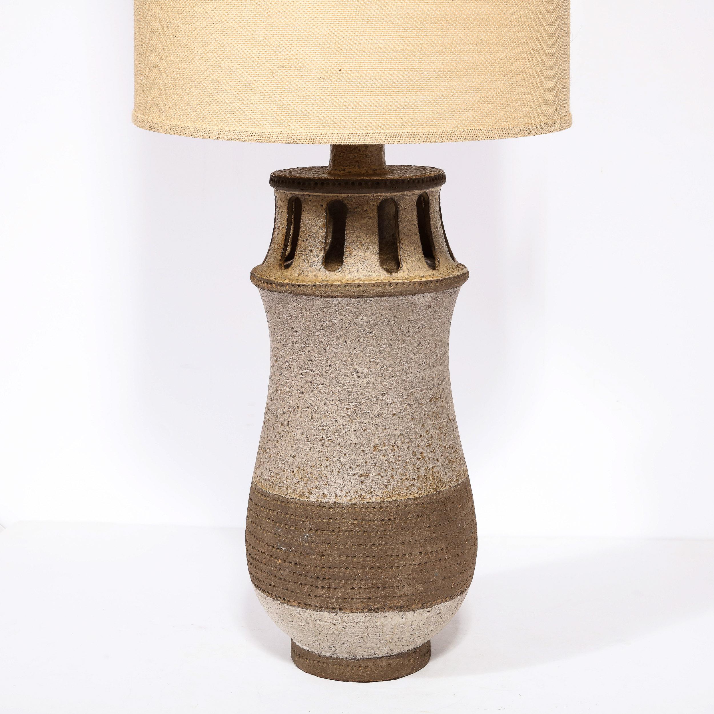 Mid-20th Century Mid-Century Modern Ceramic Table Lamp w/ Arcade Detailing and Raw Fiber Shade For Sale
