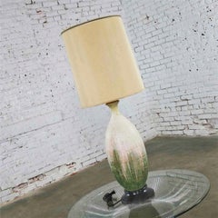 Mid-Century Modern Ceramic Table Lamp with Cream Fuchsia Green Drip Lava Glaze