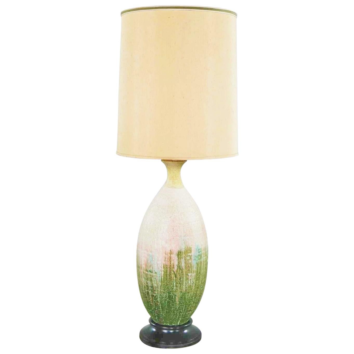 Mid-Century Modern Ceramic Table Lamp with Cream Fuchsia Green Drip Lava Glaze For Sale
