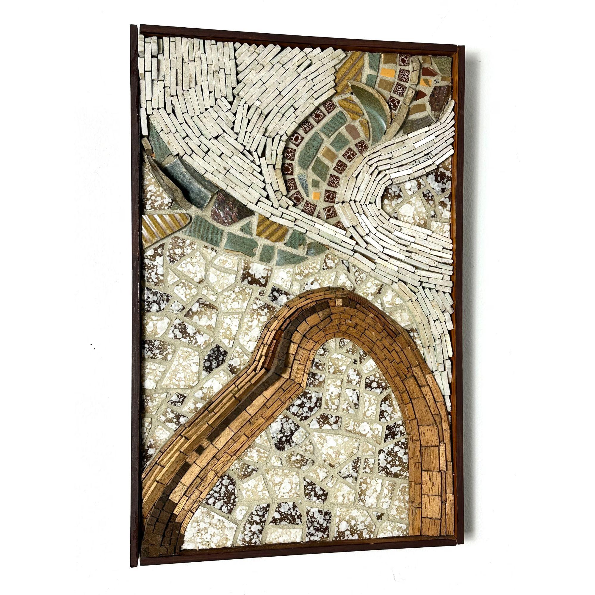 Orignal Vintage Mid Century Modern Ceramic Tile & Wood Mosaic Wall Sculpture by Fred Scott

Abstract mosaic wall sculpture by Ohio artist Fred Scott circa 1960s
Interesting composition of various tiles and wood in original framing
From the estate of