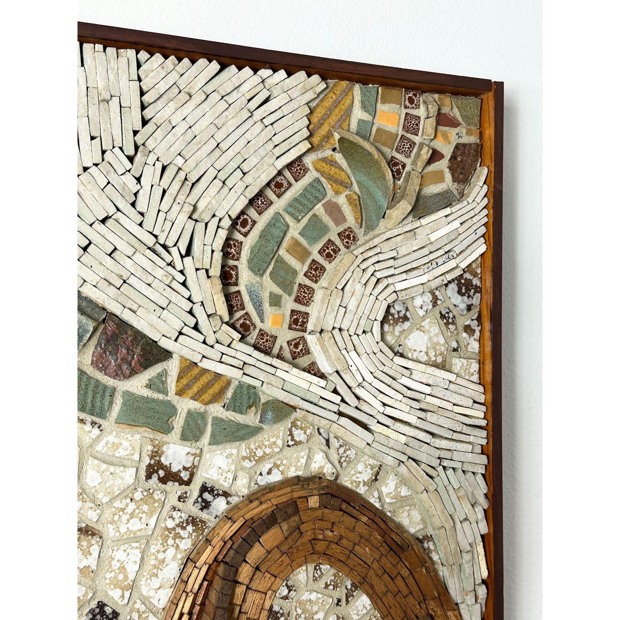 Mid-Century Modern Mid Century Modern Ceramic Tile & Wood Abstract Mosaic Wall Sculpture c 1960s
