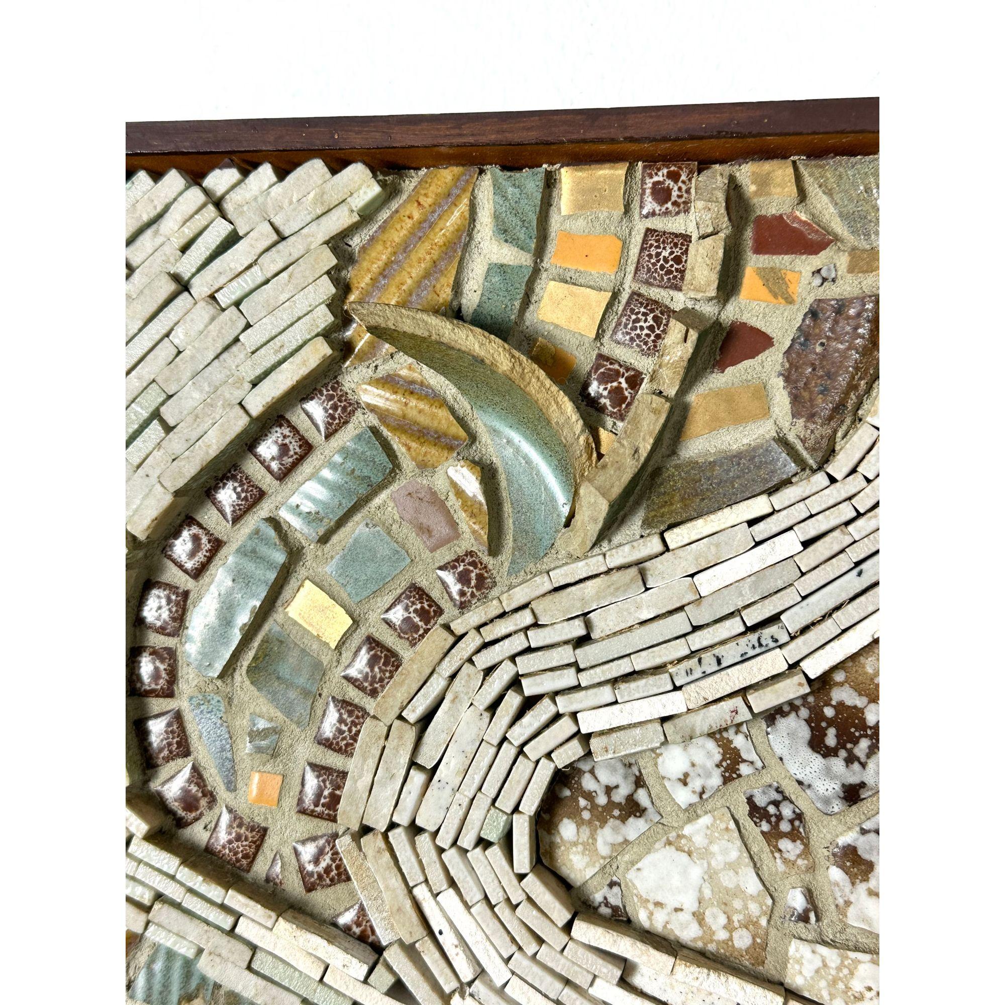 Mid Century Modern Ceramic Tile & Wood Abstract Mosaic Wall Sculpture c 1960s In Good Condition In Troy, MI