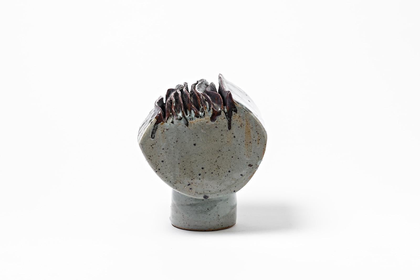 Mid-Century Modern Ceramic Vase by French Artist circa 1970 Grey and Black Color For Sale 1