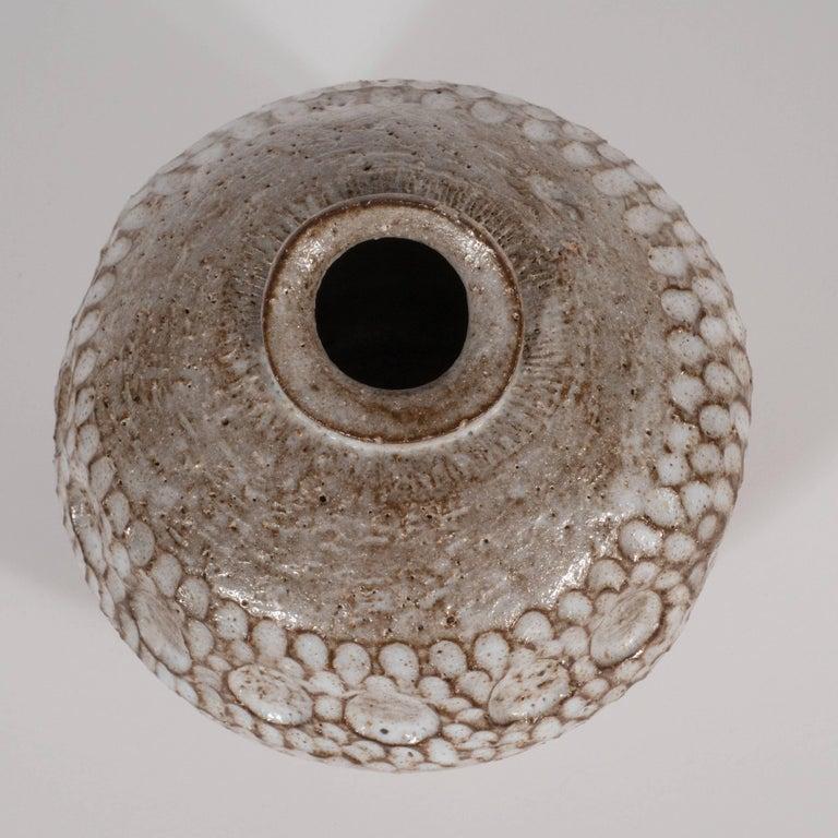 Mid-Century Modern Ceramic Vase in Taupe with Recessed Organic Forms Throughout In Excellent Condition In New York, NY