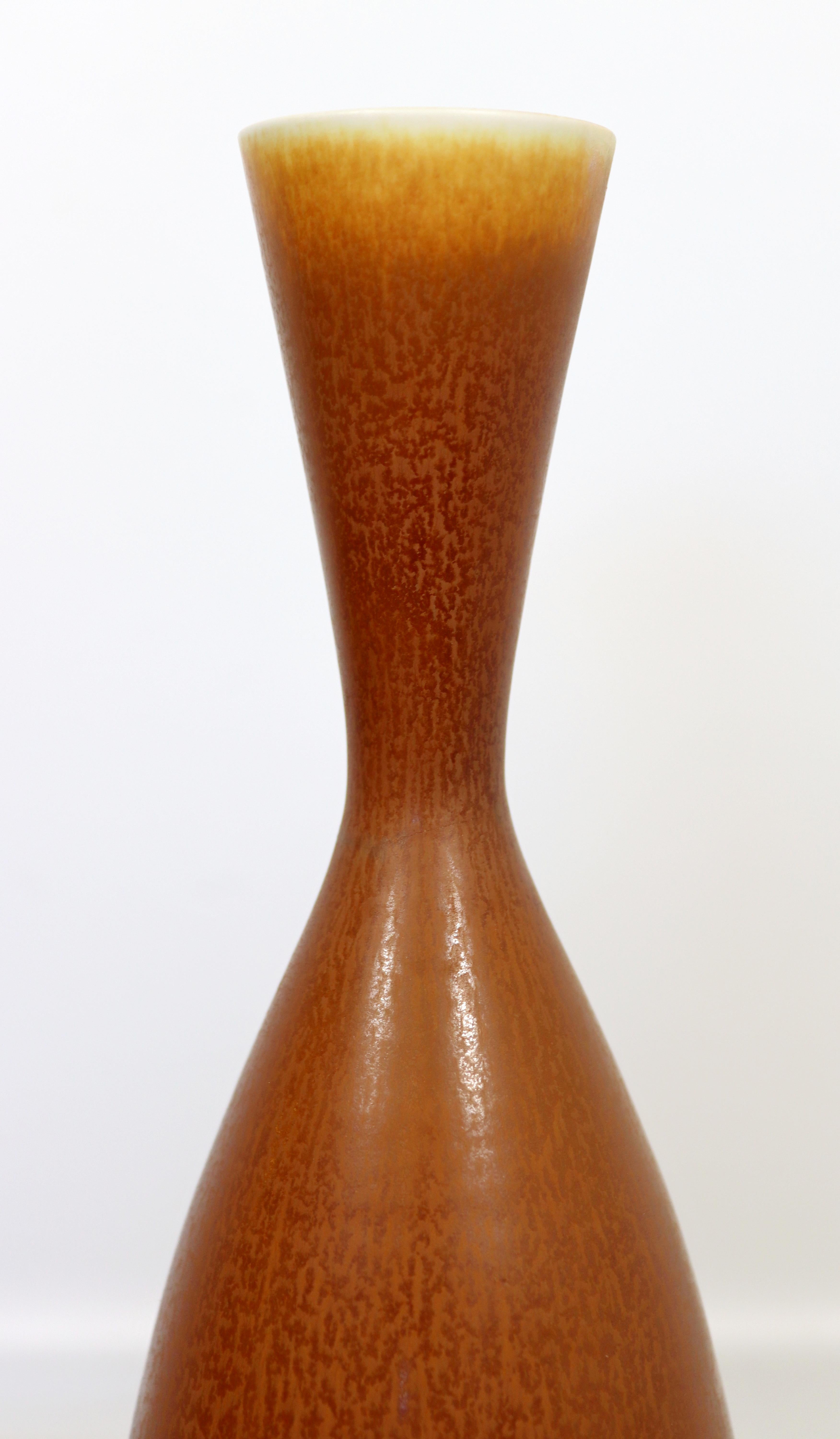 Swedish Mid Century Modern Ceramic Vase Signed Berndt Friberg Rusty Brown Hare Glaze 50s