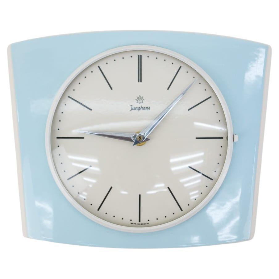 Mid-Century Modern Ceramic Wall Clock by Junghans in Baby Blue, 1950s Germany