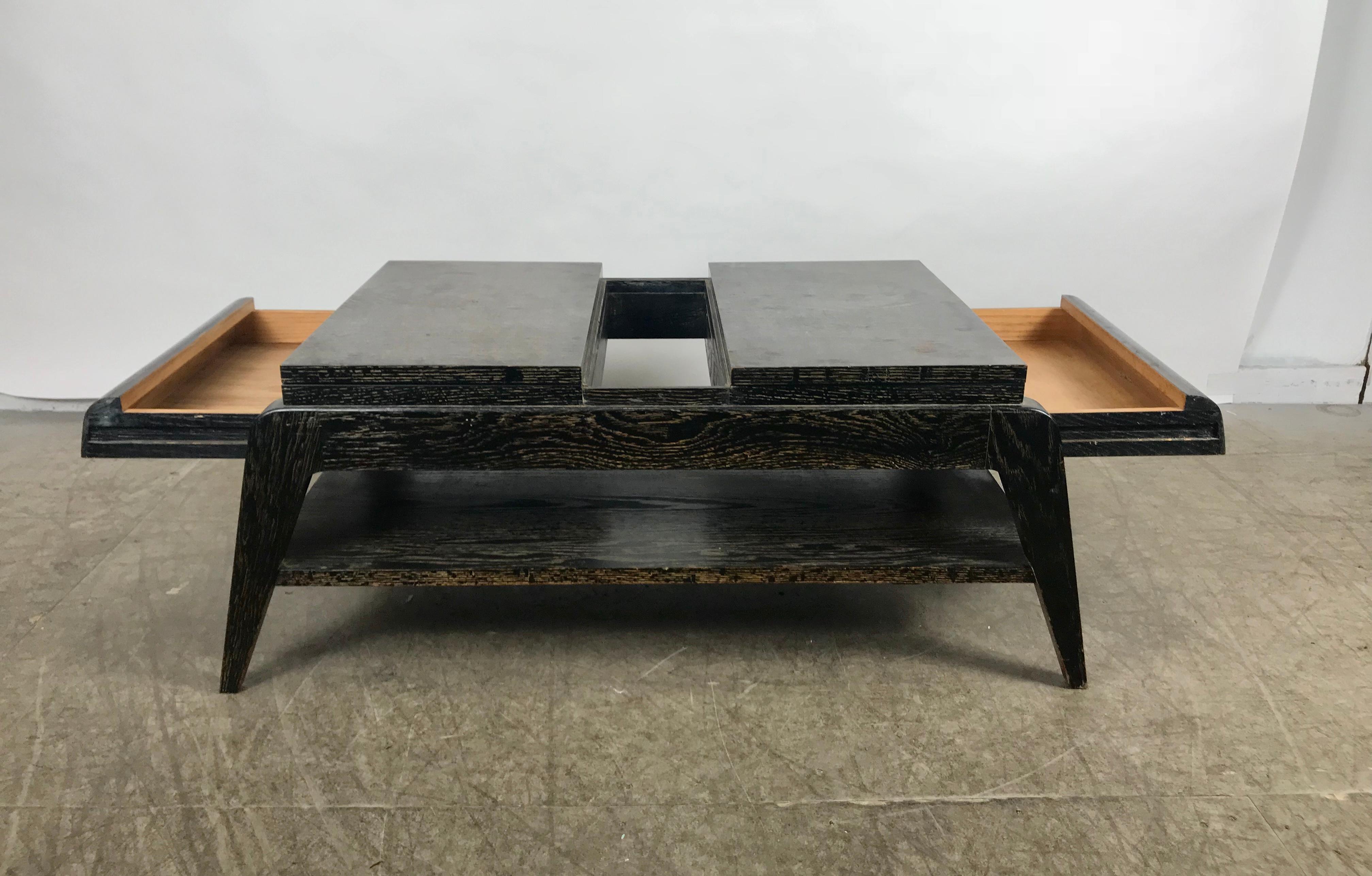 Mid-Century Modern Cerused Oak Expandable Cocktail Table with Drawers In Good Condition For Sale In Buffalo, NY