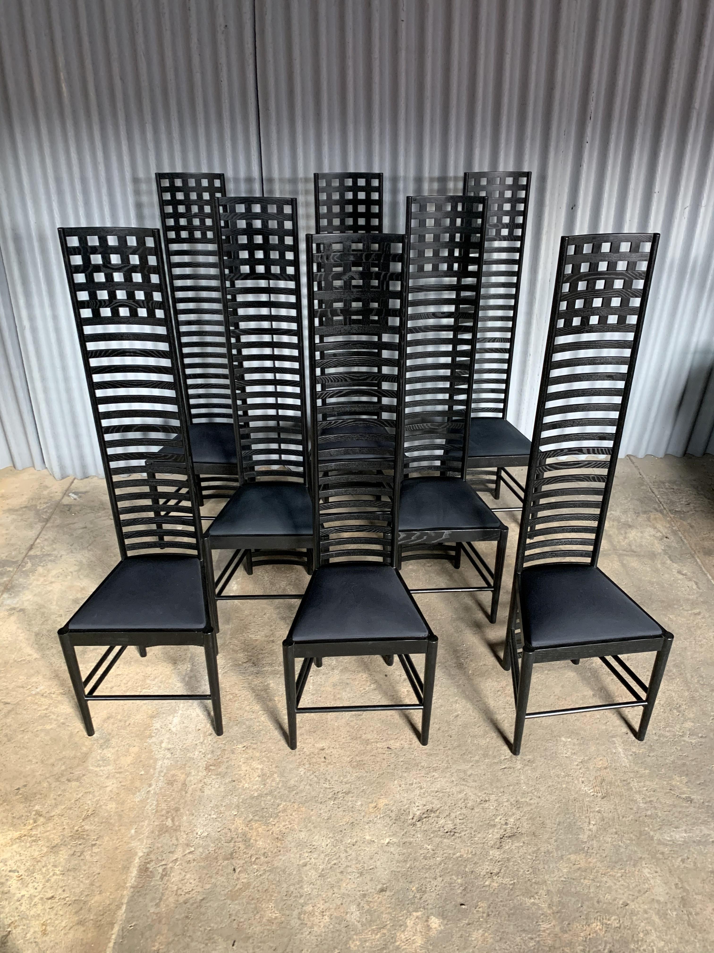 Absolutely fabulous set of chairs after the famously recognizable 292 Hill House chair by Designer Charles Rennie Mackintosh.
All chairs are in incredible condition and came out of the original owner's home.
These chairs are loved by Interior