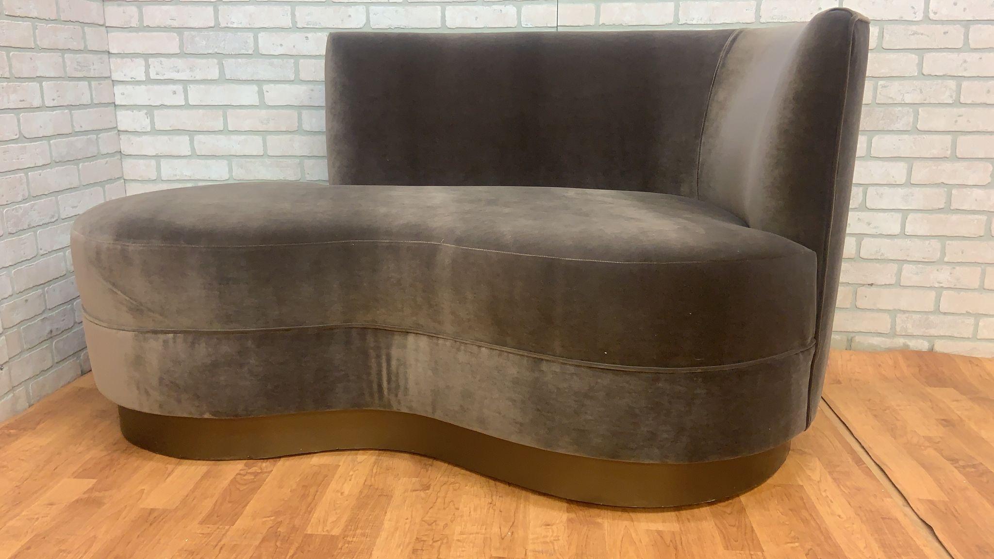Hand-Crafted Mid Century Modern Chaise Newly Reupholstered in Grey Velvet on a Bronze Base