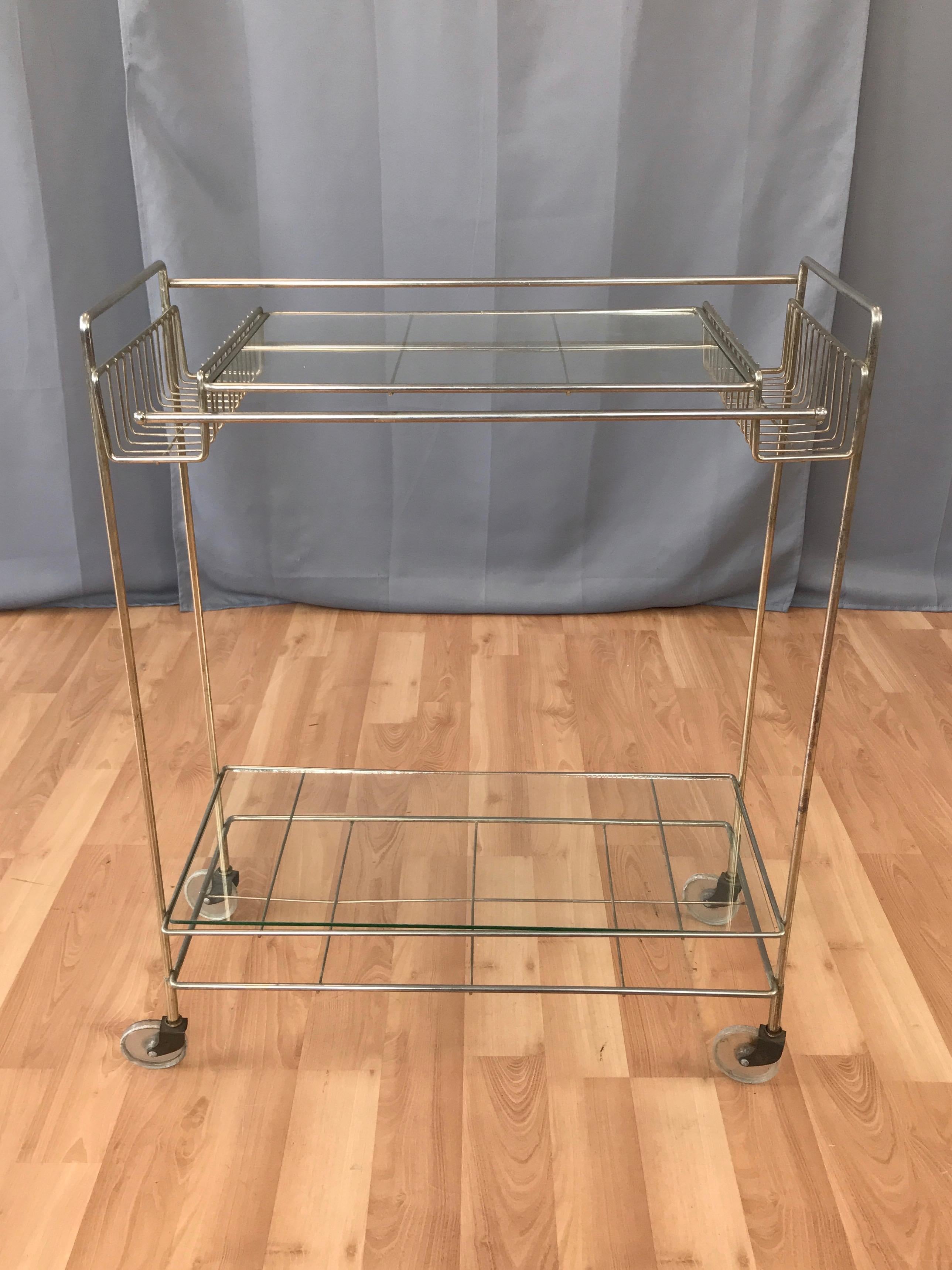 American Mid-Century Modern Champagne Finish Metal and Glass Bar Cart, 1960s