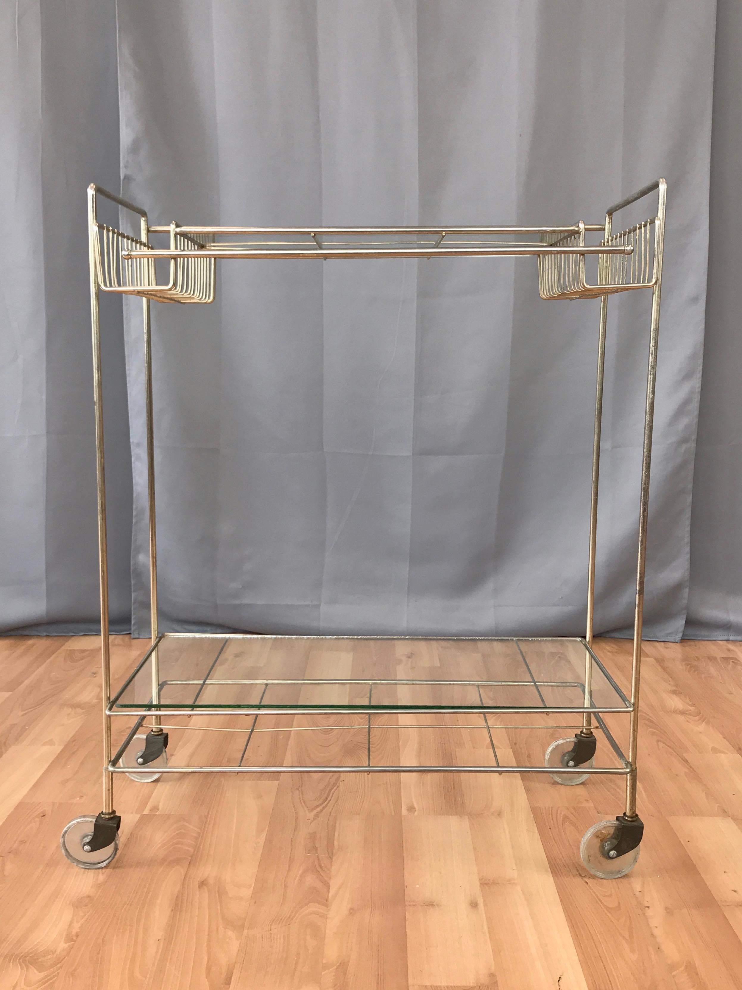 Mid-Century Modern Champagne Finish Metal and Glass Bar Cart, 1960s In Good Condition In San Francisco, CA