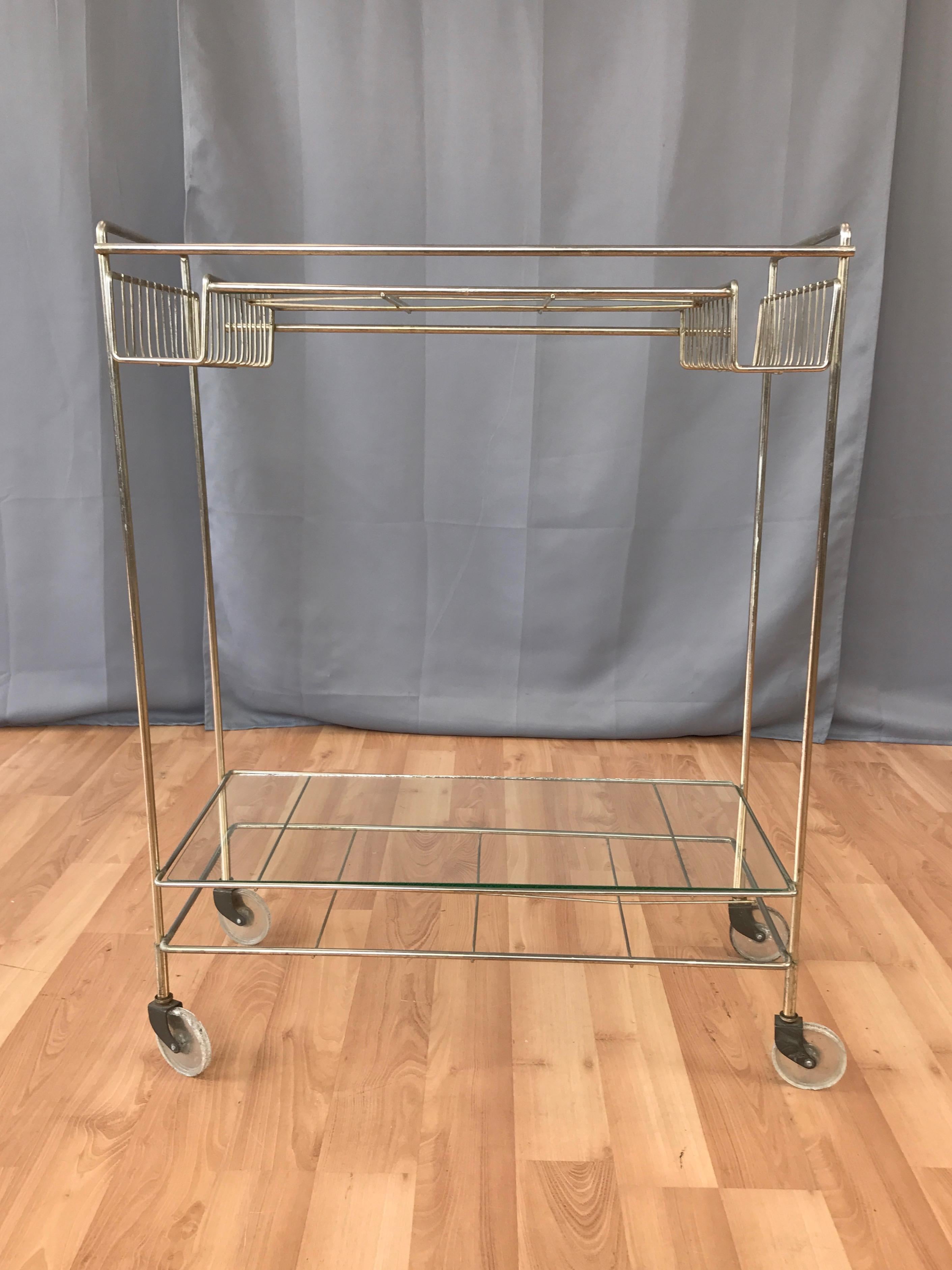 Steel Mid-Century Modern Champagne Finish Metal and Glass Bar Cart, 1960s