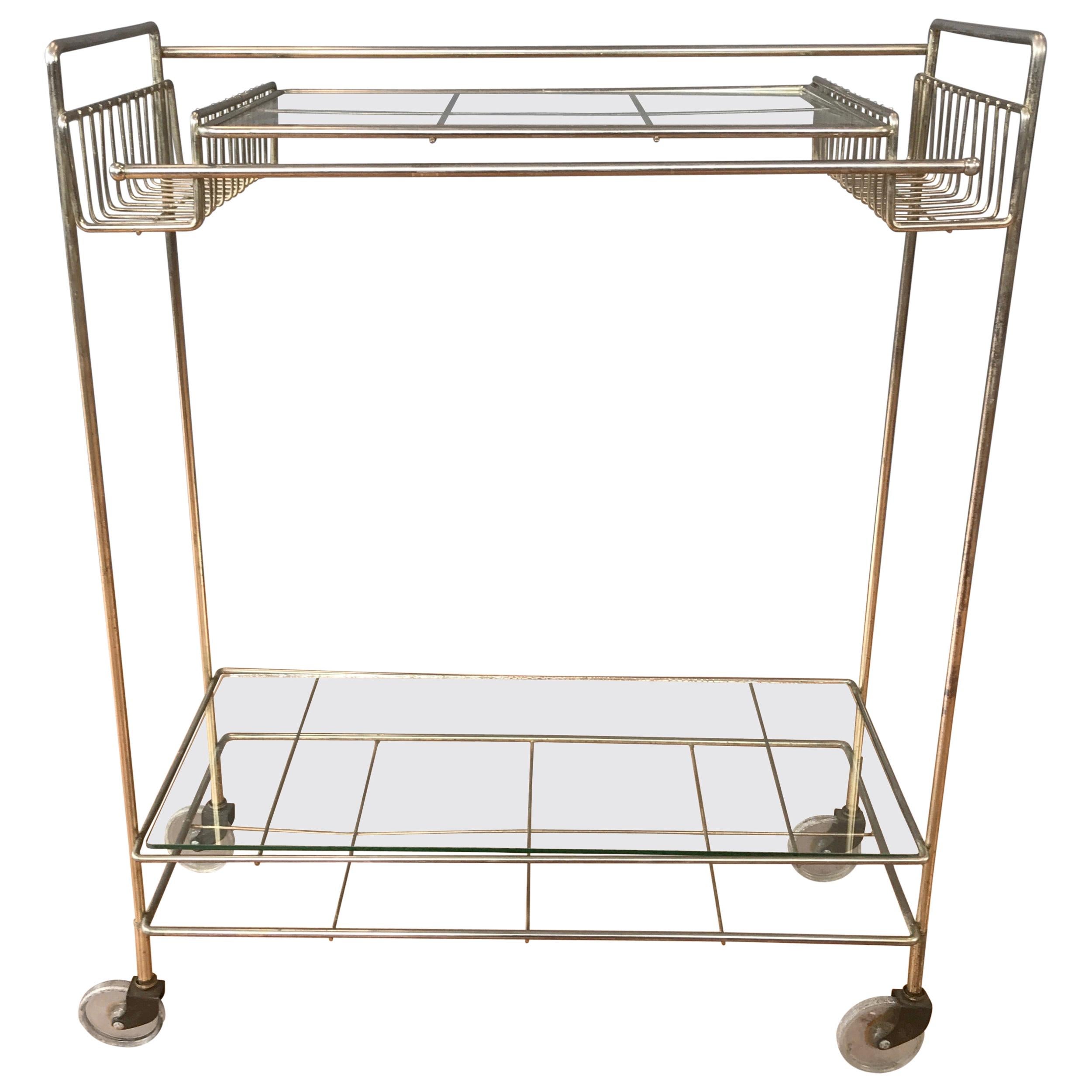 Mid-Century Modern Champagne Finish Metal and Glass Bar Cart, 1960s