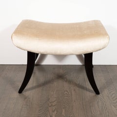 Mid-Century Modern Champagne Velvet Stool with Ebonized Walnut Saber Legs