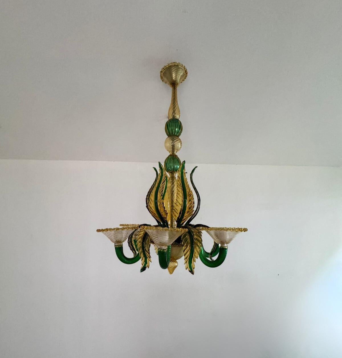 Mid-Century Modern Mid Century Modern Chandelier attr. Seguso Factroy, Sommerso Glass, ca. 1940 For Sale