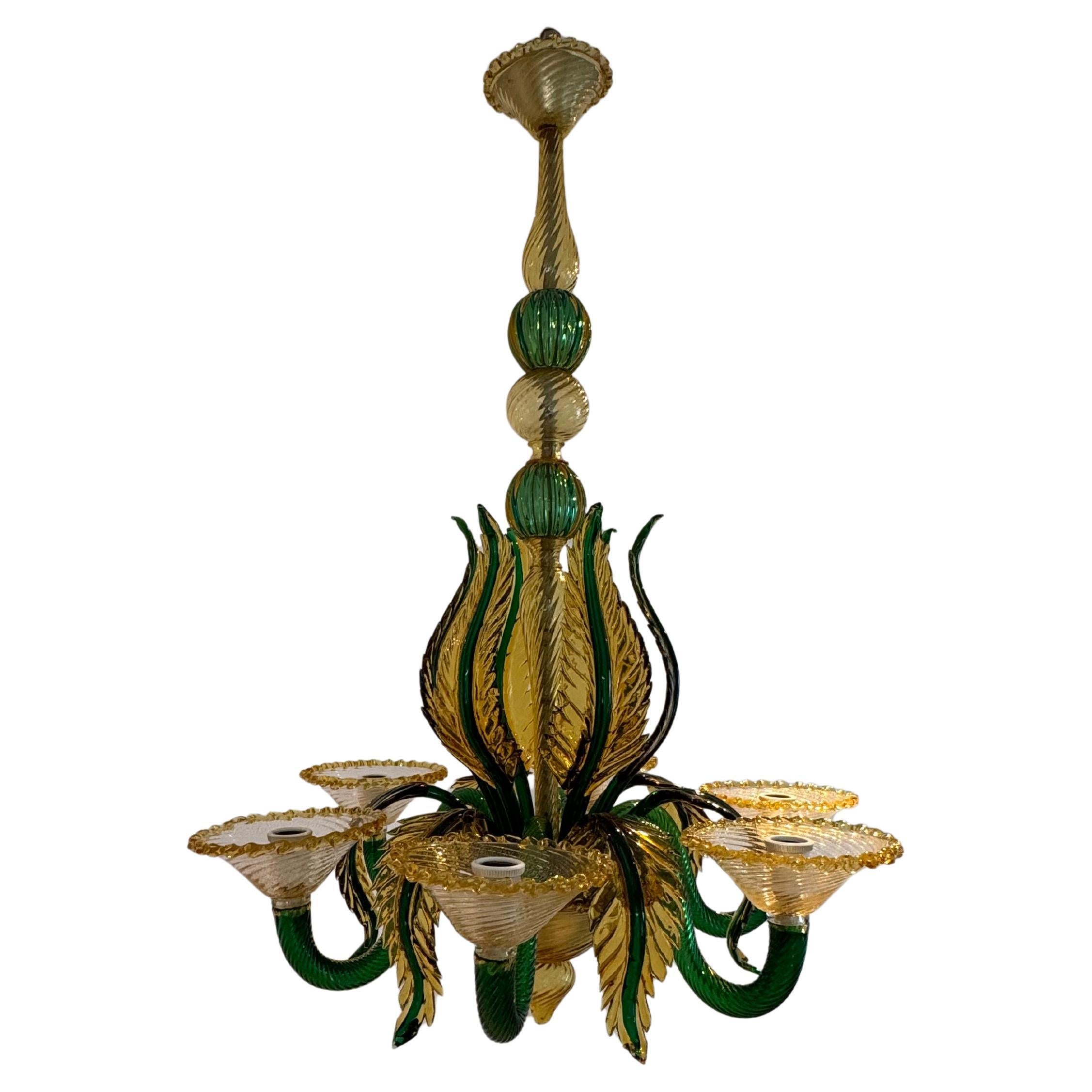 Mid Century Modern Chandelier attr. Seguso Factroy, Sommerso Glass, ca. 1940 For Sale