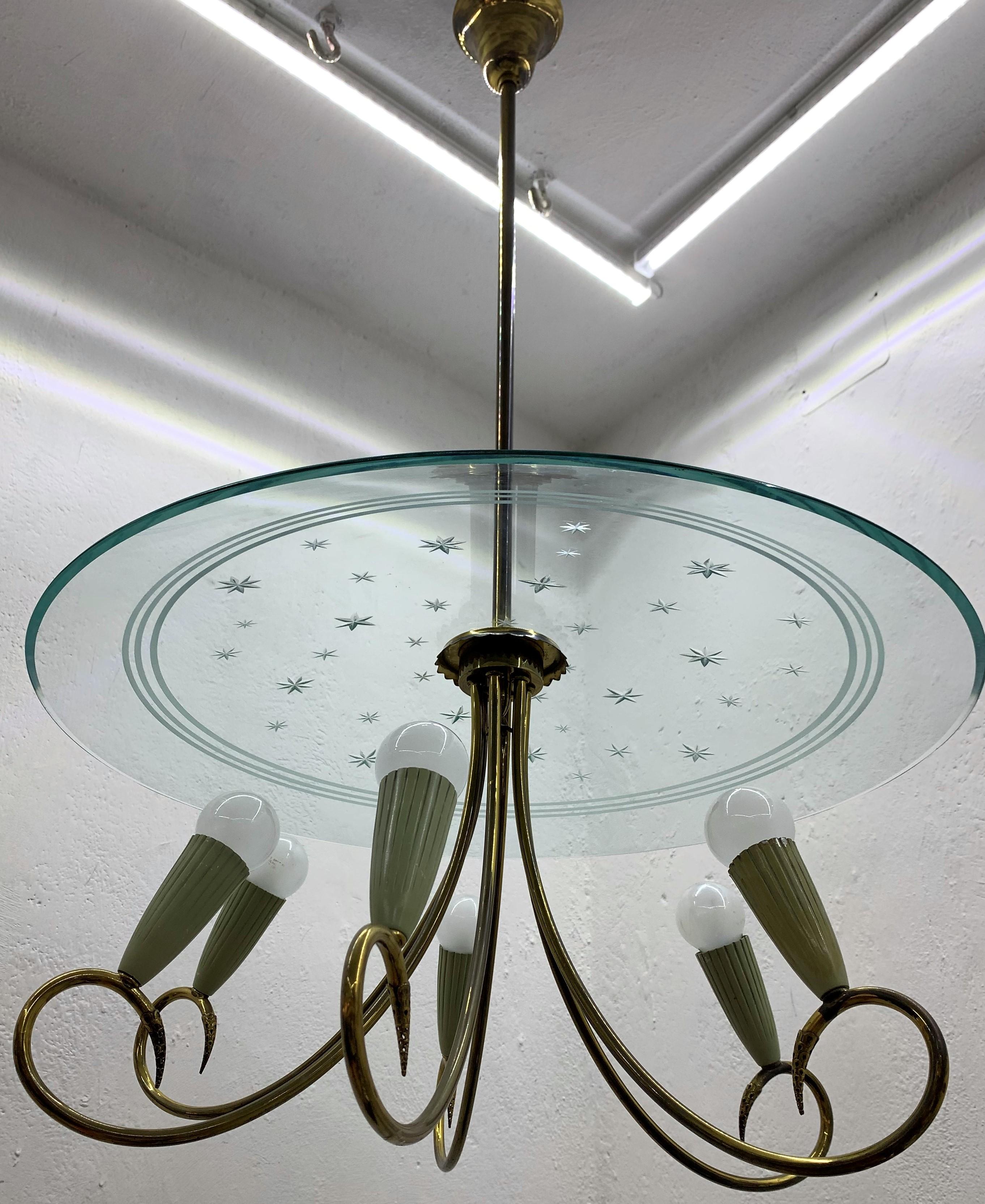 Mid-20th Century Mid-Century Modern Chandelier Attributed to Fontana Arte, Italy, circa 1950 For Sale