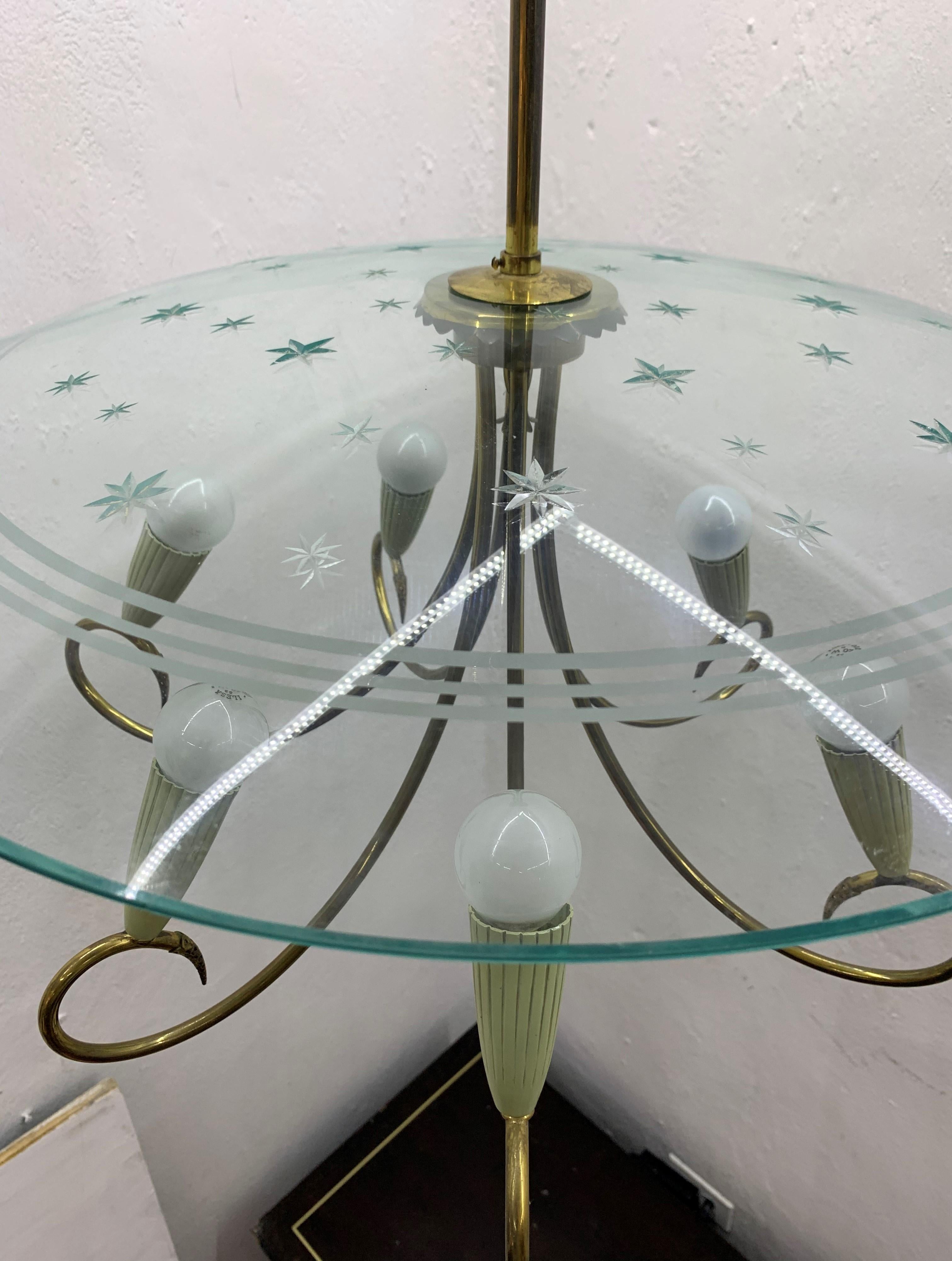 Brass Mid-Century Modern Chandelier Attributed to Fontana Arte, Italy, circa 1950 For Sale