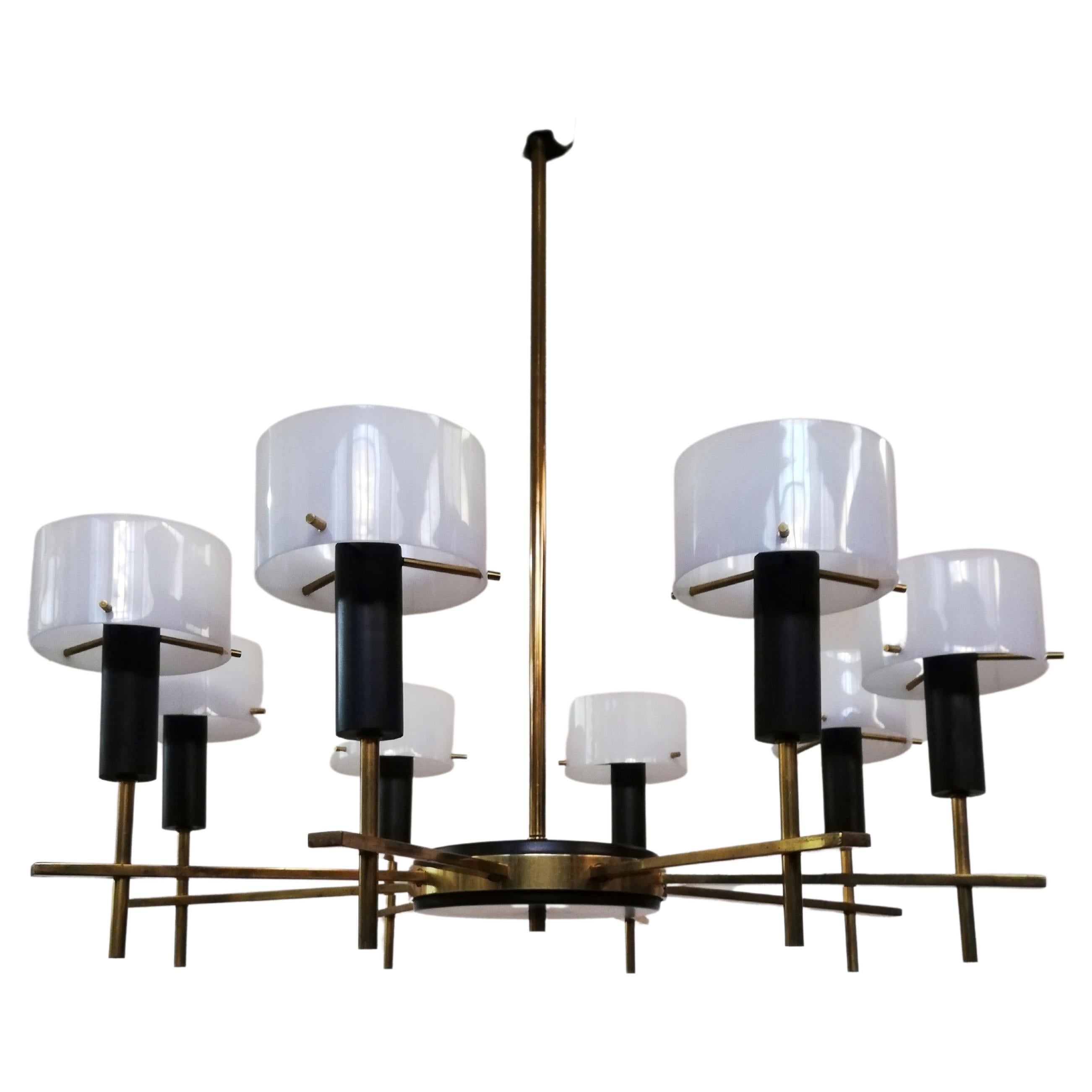 Mid Century Modern Chandelier attributed to Stilux made in Brass and Plexiglas For Sale