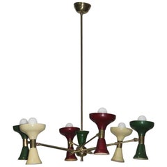 Mid-Century Modern Chandelier Brass 1950s Lacquered Metal Stilnovo Italian