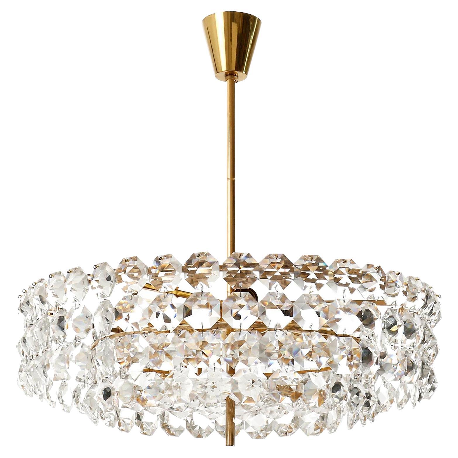 Mid-Century Modern Chandelier by Bakalowits, Gilt Brass Crystal Glass, 1960s For Sale