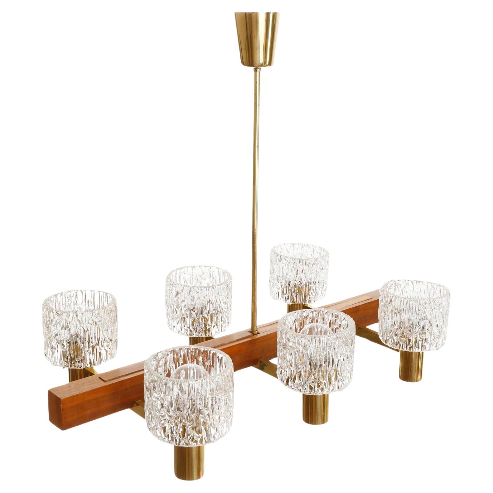 Austrian Mid-Century Modern Chandelier by J.T. Kalmar, Brass Walnut Textured Glass, 1950s For Sale