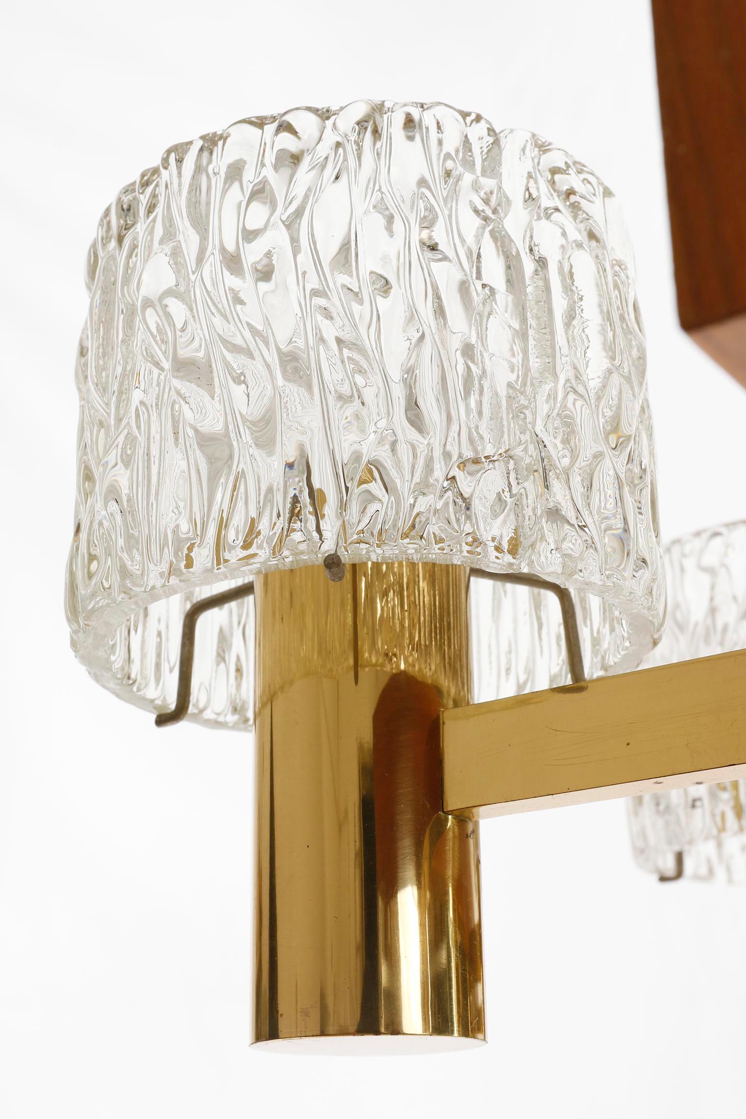 Mid-Century Modern Chandelier by J.T. Kalmar, Brass Walnut Textured Glass, 1950s For Sale 1