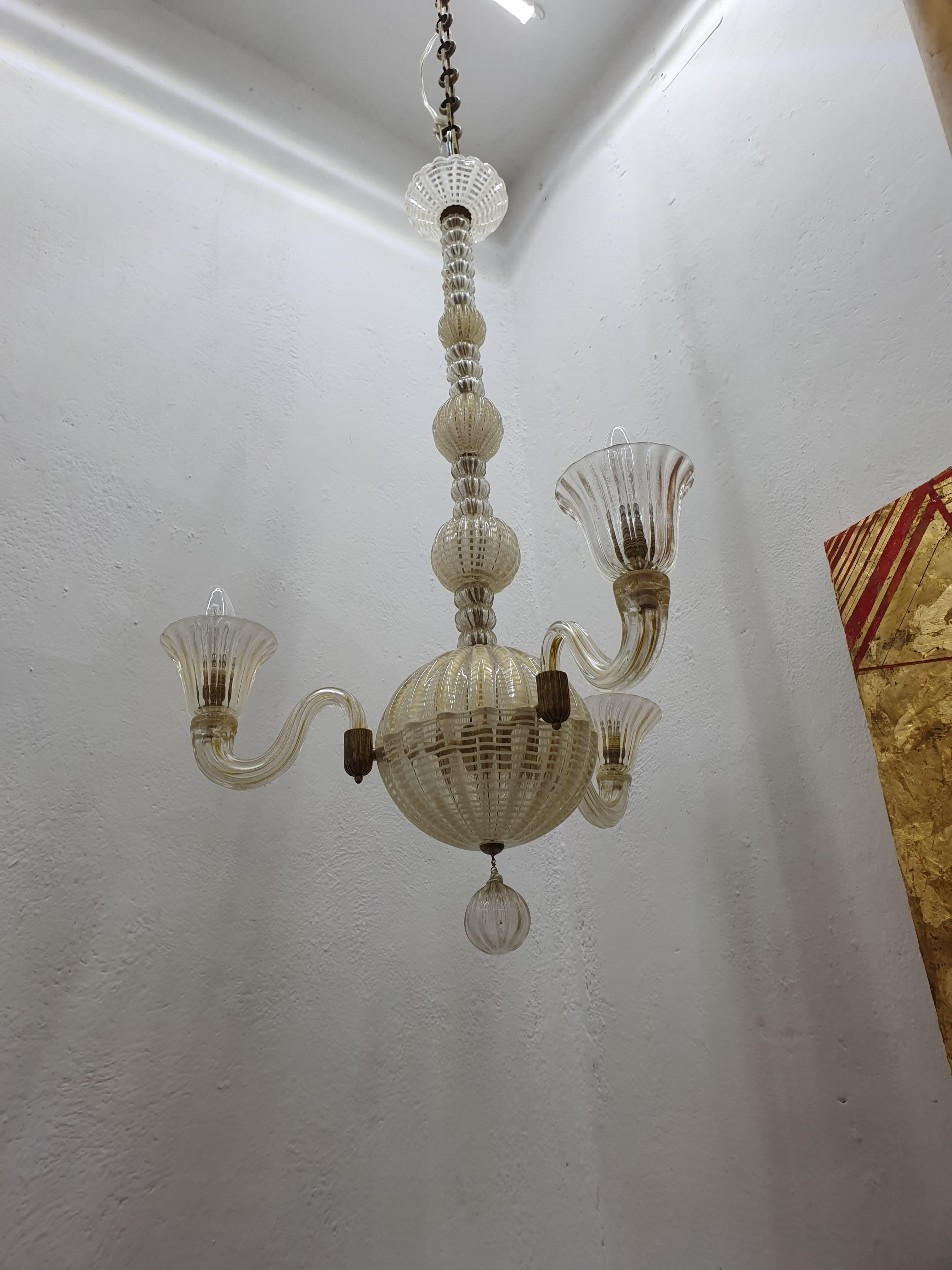 Mid-Century Modern Chandelier by Seguso, in Murano Glass, Italy, circa 1940 2