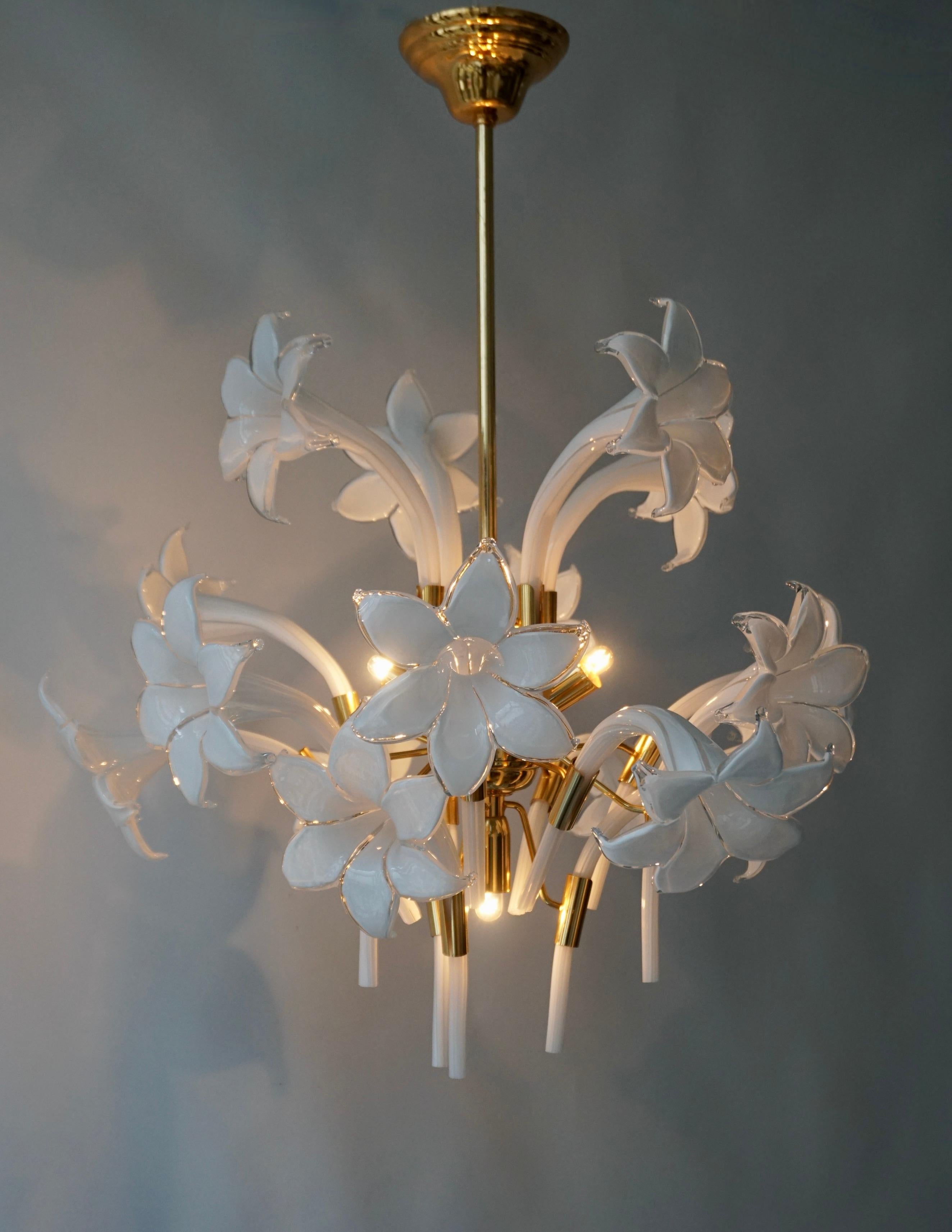 Hollywood Regency Mid-Century Modern Chandelier Designed by Franco Luce with Murano Glass Flowers For Sale