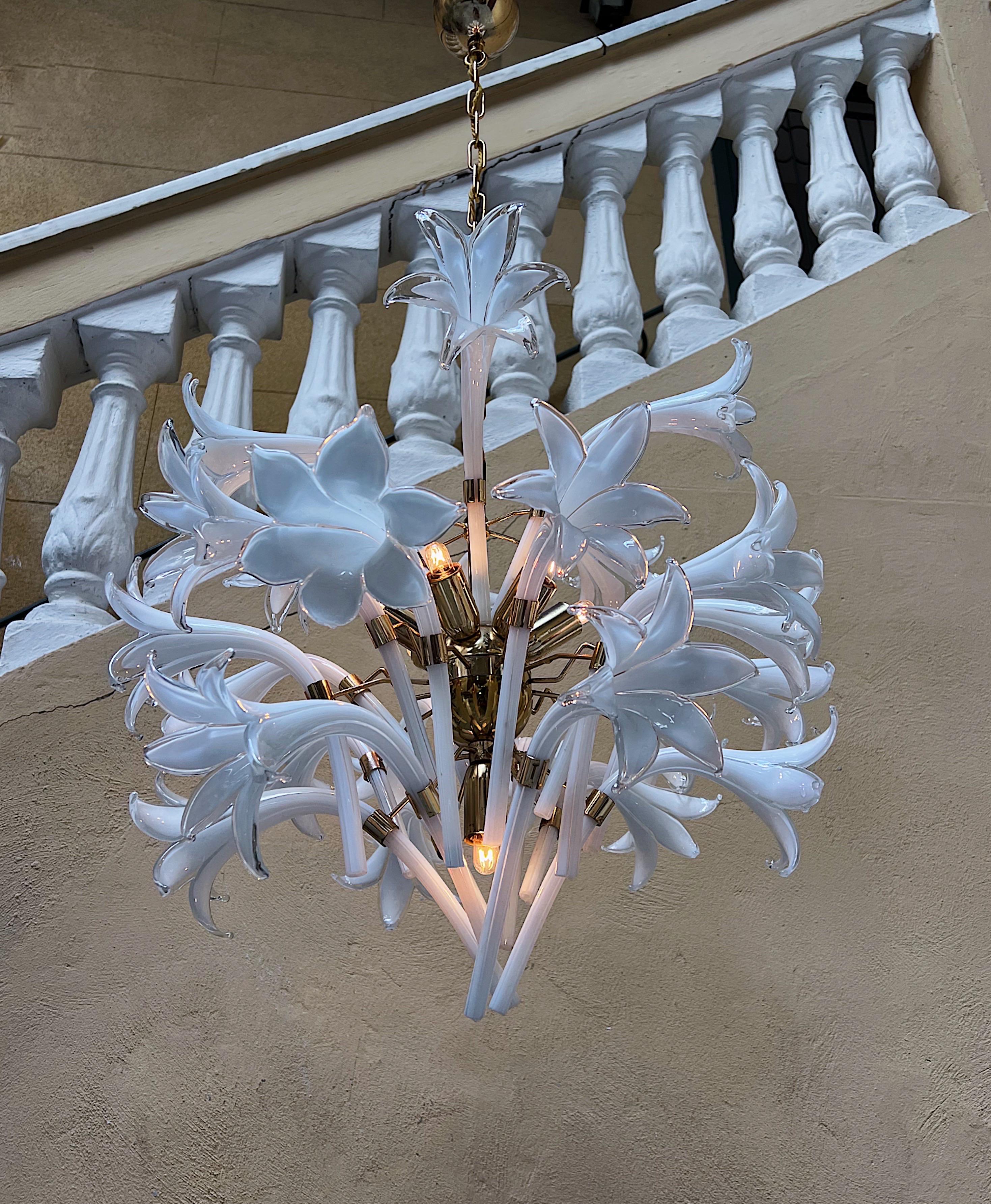 Mid-Century Modern Chandelier Designed by Franco Luce with Murano Glass Flowers In Good Condition For Sale In Palermo, PA