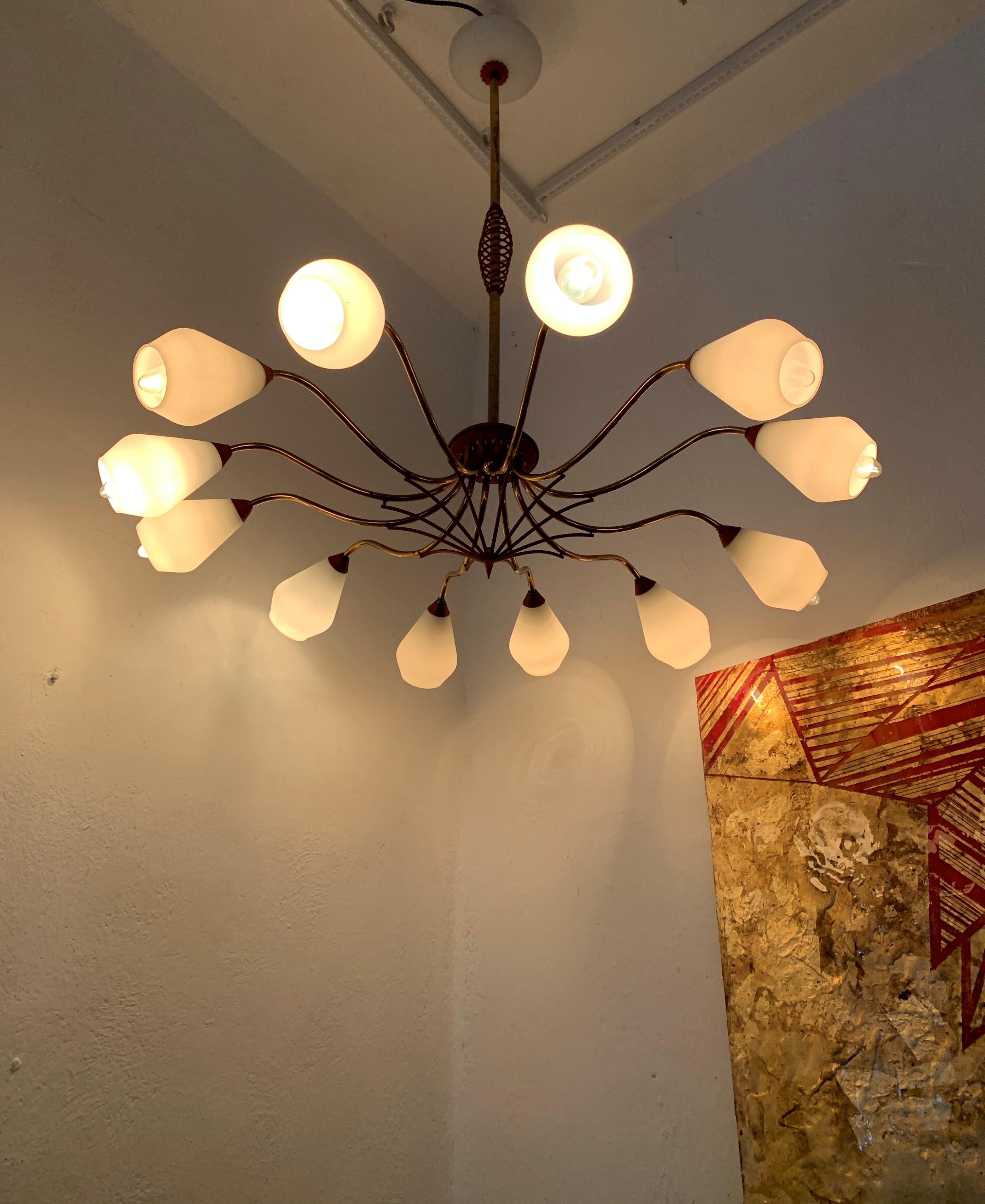 Mid-Century Modern Chandelier in Brass and Opaline Glass, Attributed to Stilnovo For Sale 14