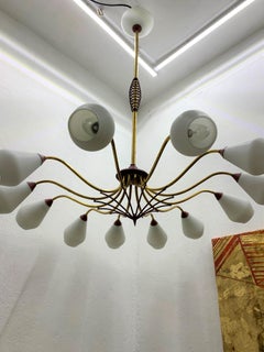 Mid-Century Modern Chandelier in Brass and Opaline Glass, Attributed to Stilnovo