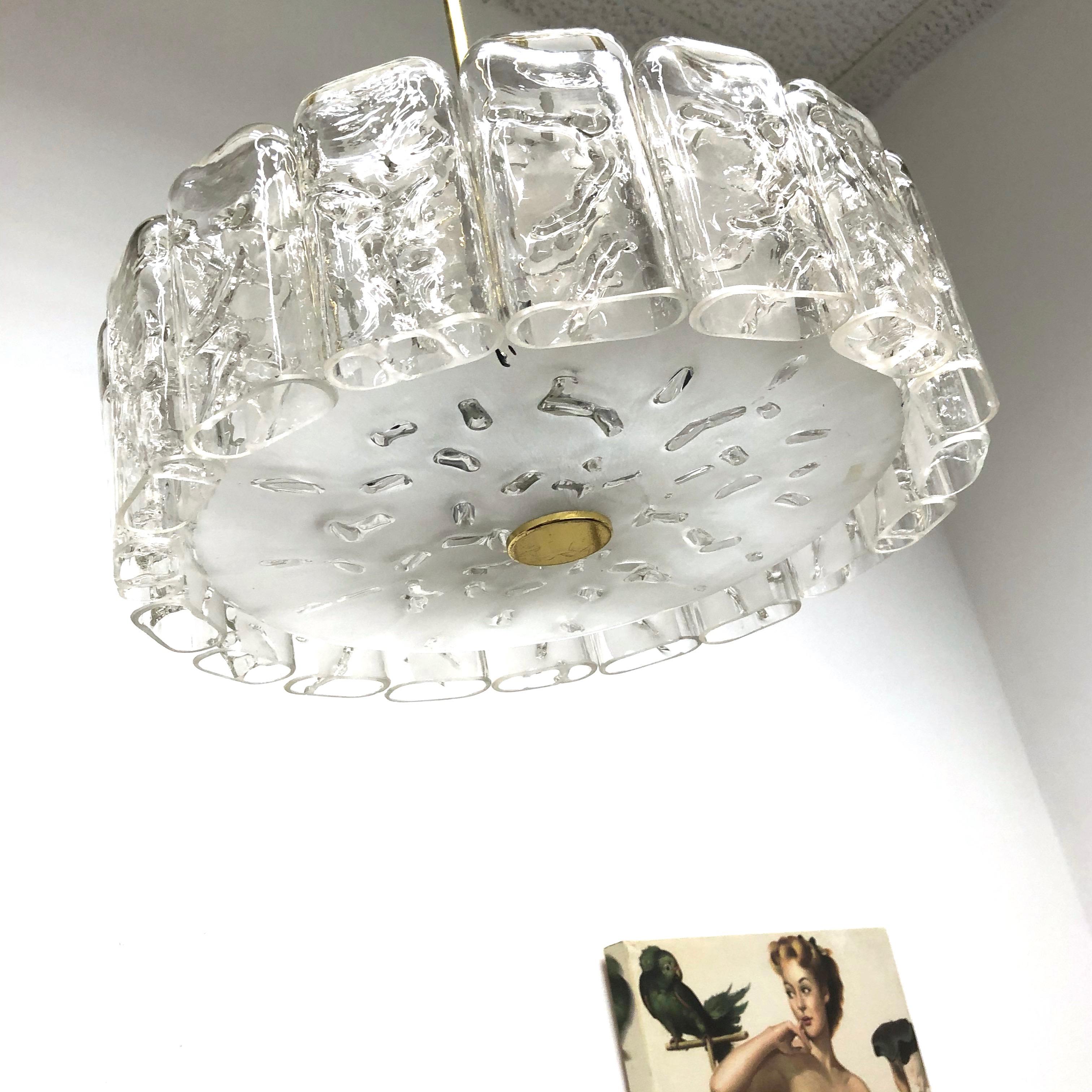 German Mid-Century Modern Chandelier in Frosted and Textured Glass by Doria Vintage