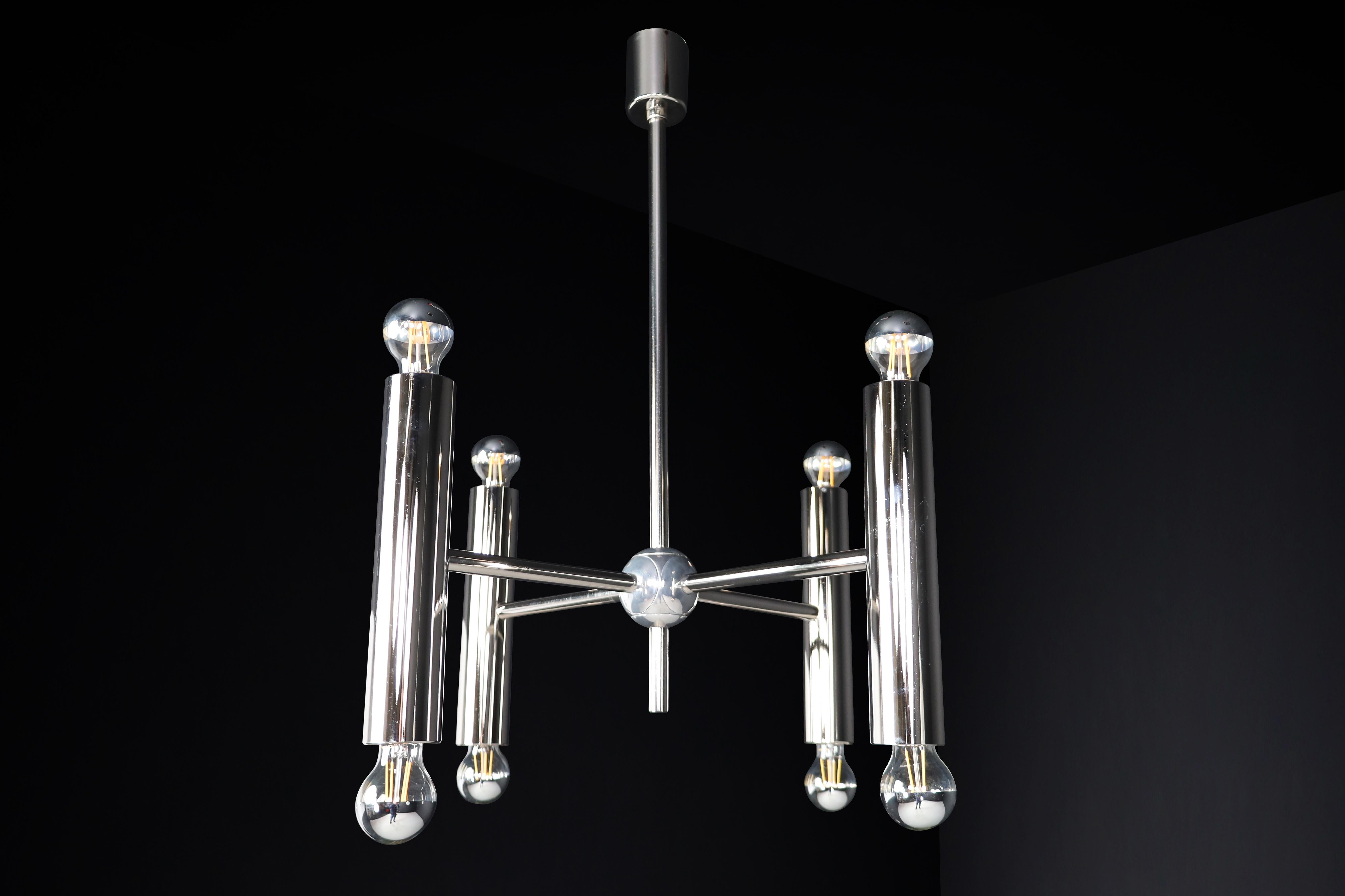 Mid-Century Modern chandelier in polished steel with Eight lights, Germany 1960 For Sale 7