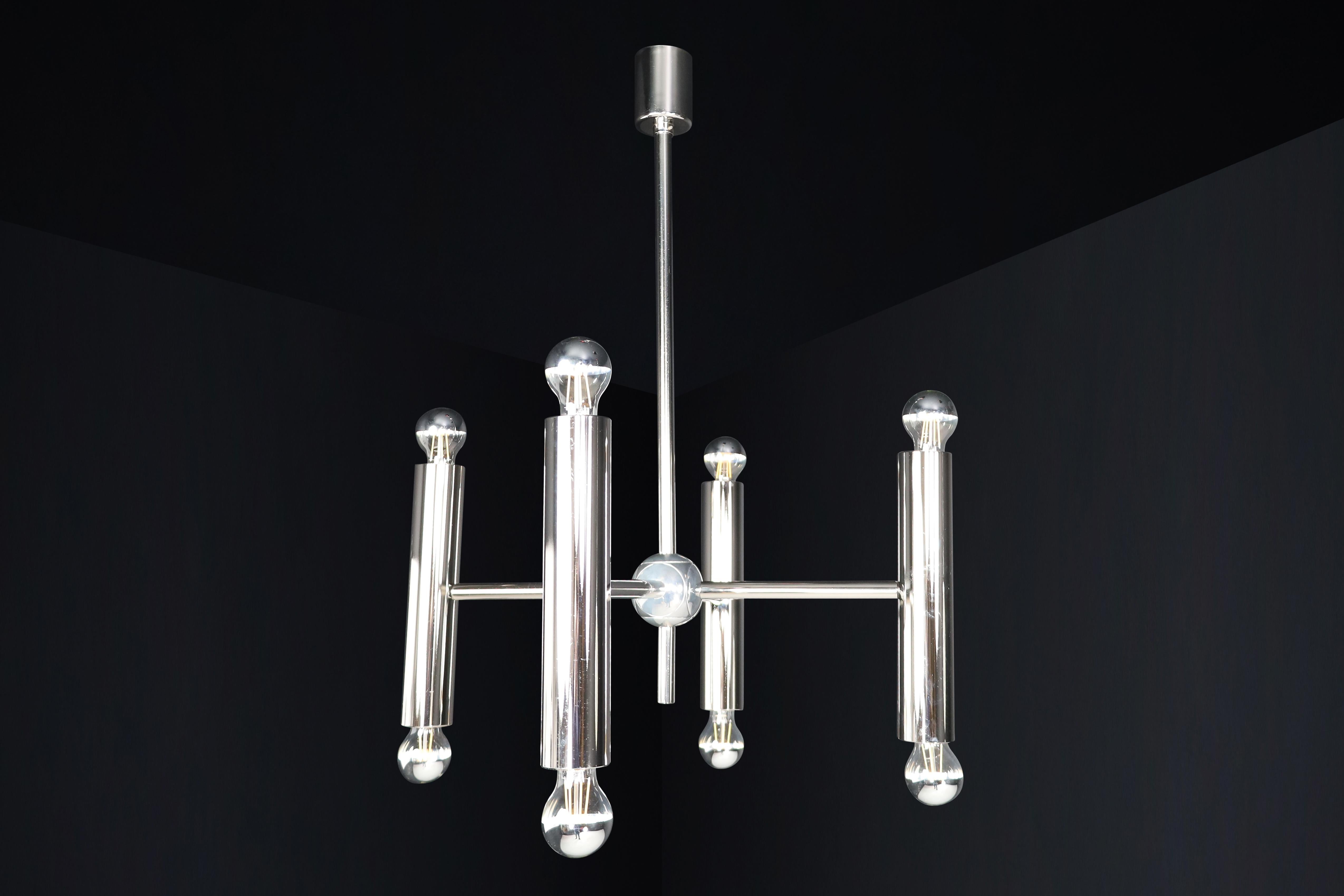 20th Century Mid-Century Modern chandelier in polished steel with Eight lights, Germany 1960 For Sale