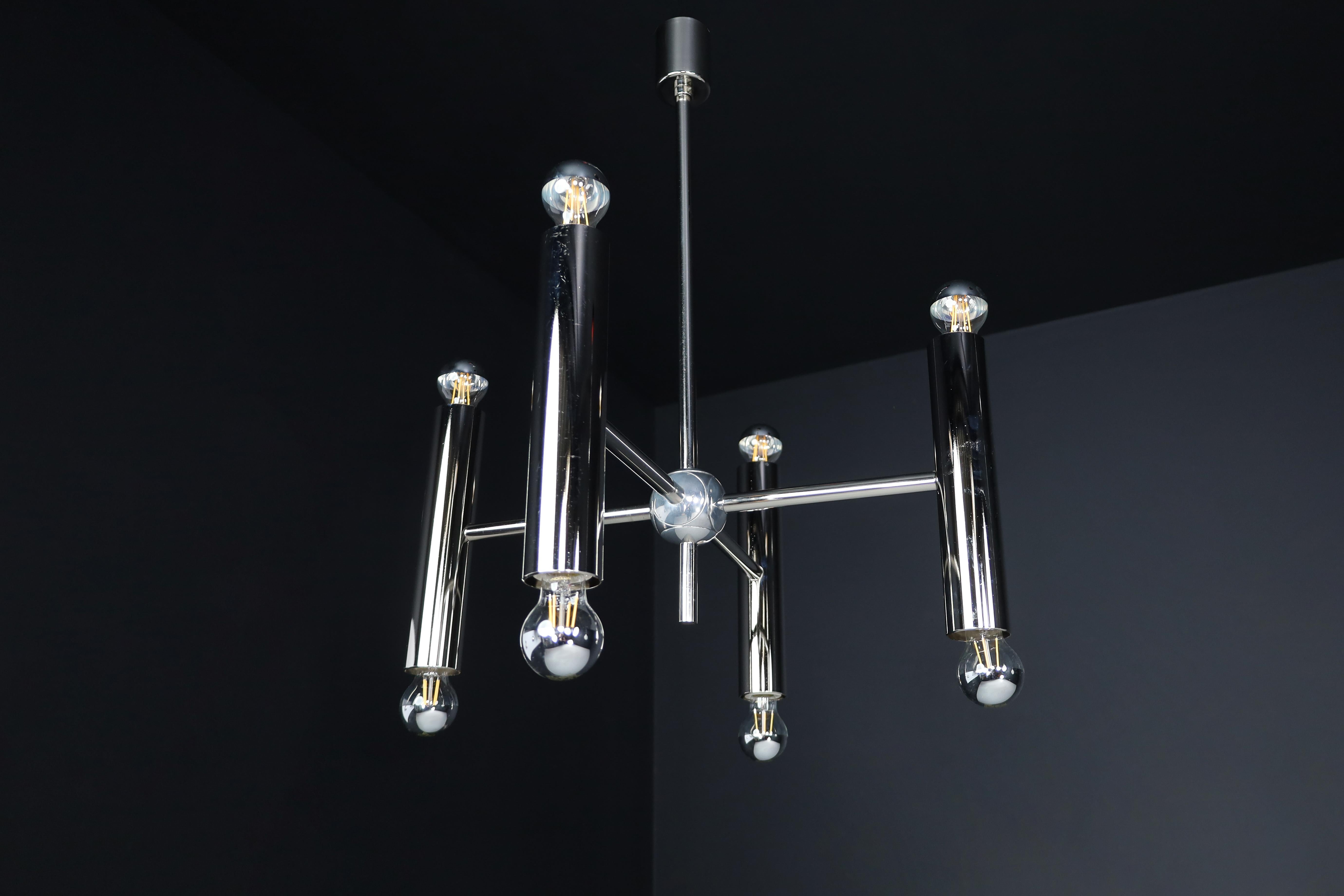 Steel Mid-Century Modern chandelier in polished steel with Eight lights, Germany 1960 For Sale