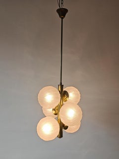 Mid Century Modern Chandelier in textured glass and brass by Kaiser, Germany