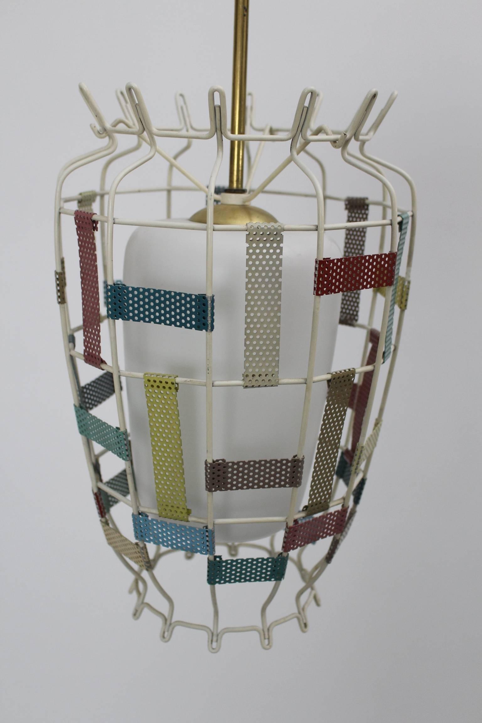 Mid-Century Modern Vintage Chandelier Pendant Metal Glass 1950s France For Sale 3