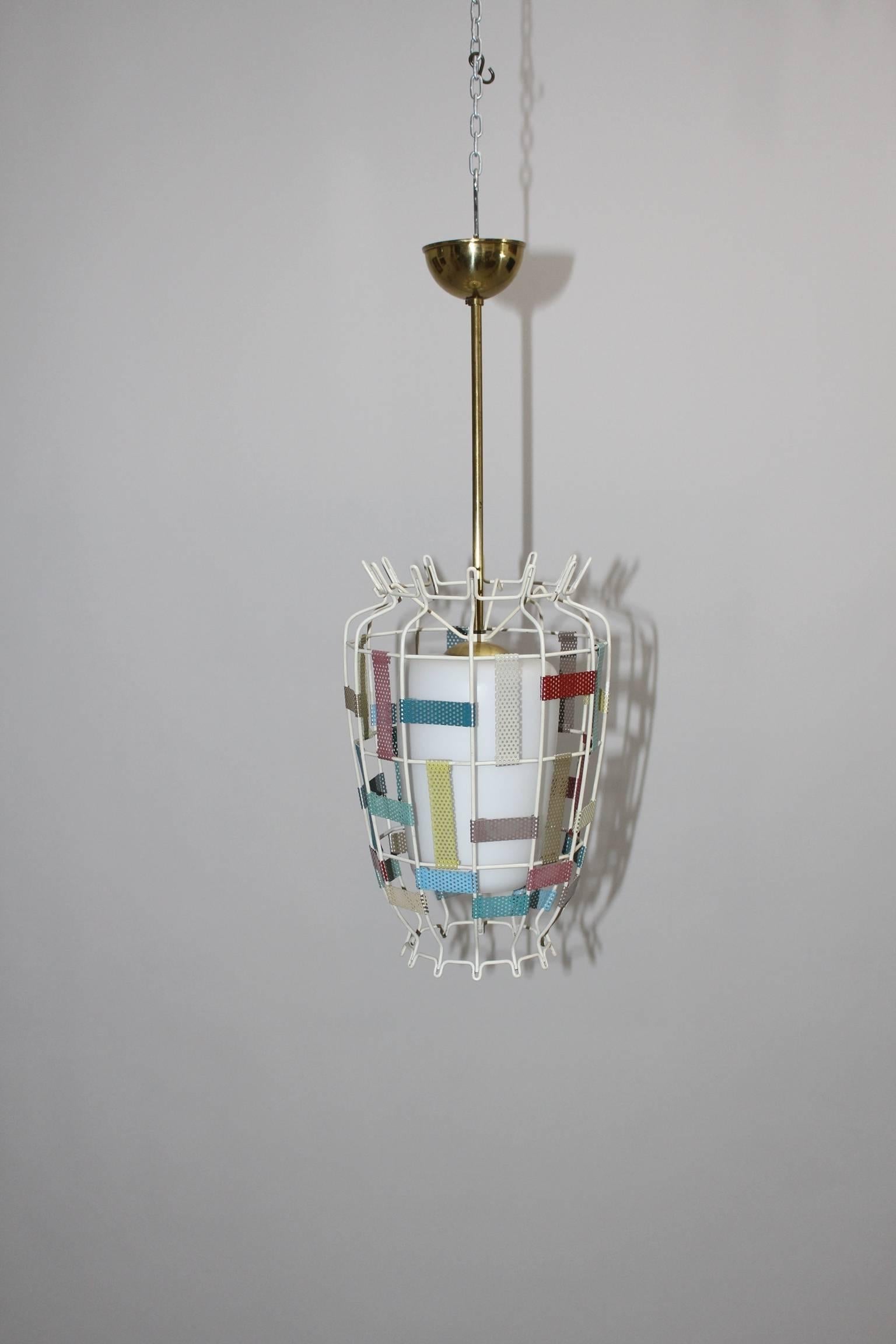 Hand-Crafted Mid-Century Modern Vintage Chandelier Pendant Metal Glass 1950s France For Sale