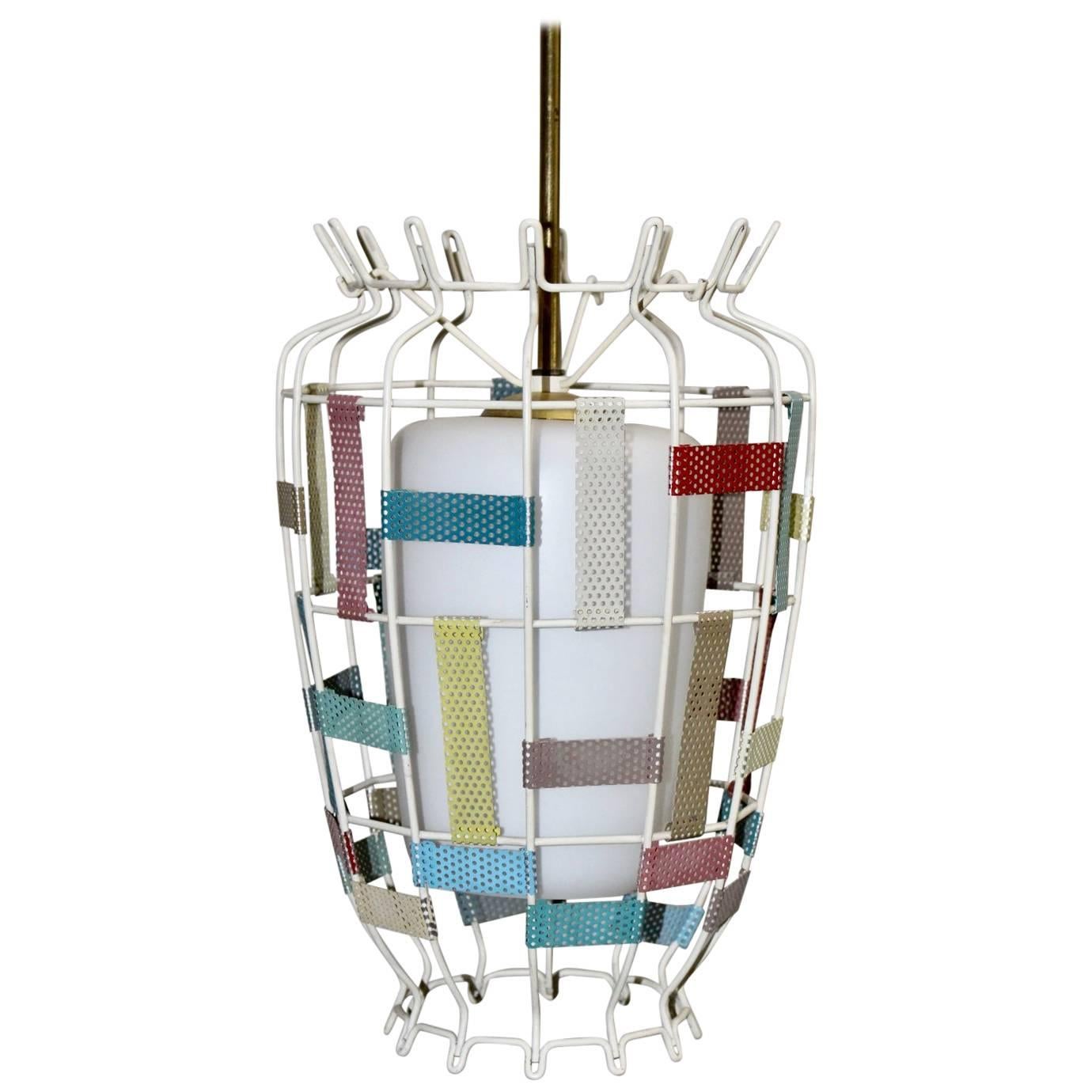 Mid-Century Modern Vintage Chandelier Pendant Metal Glass 1950s France For Sale