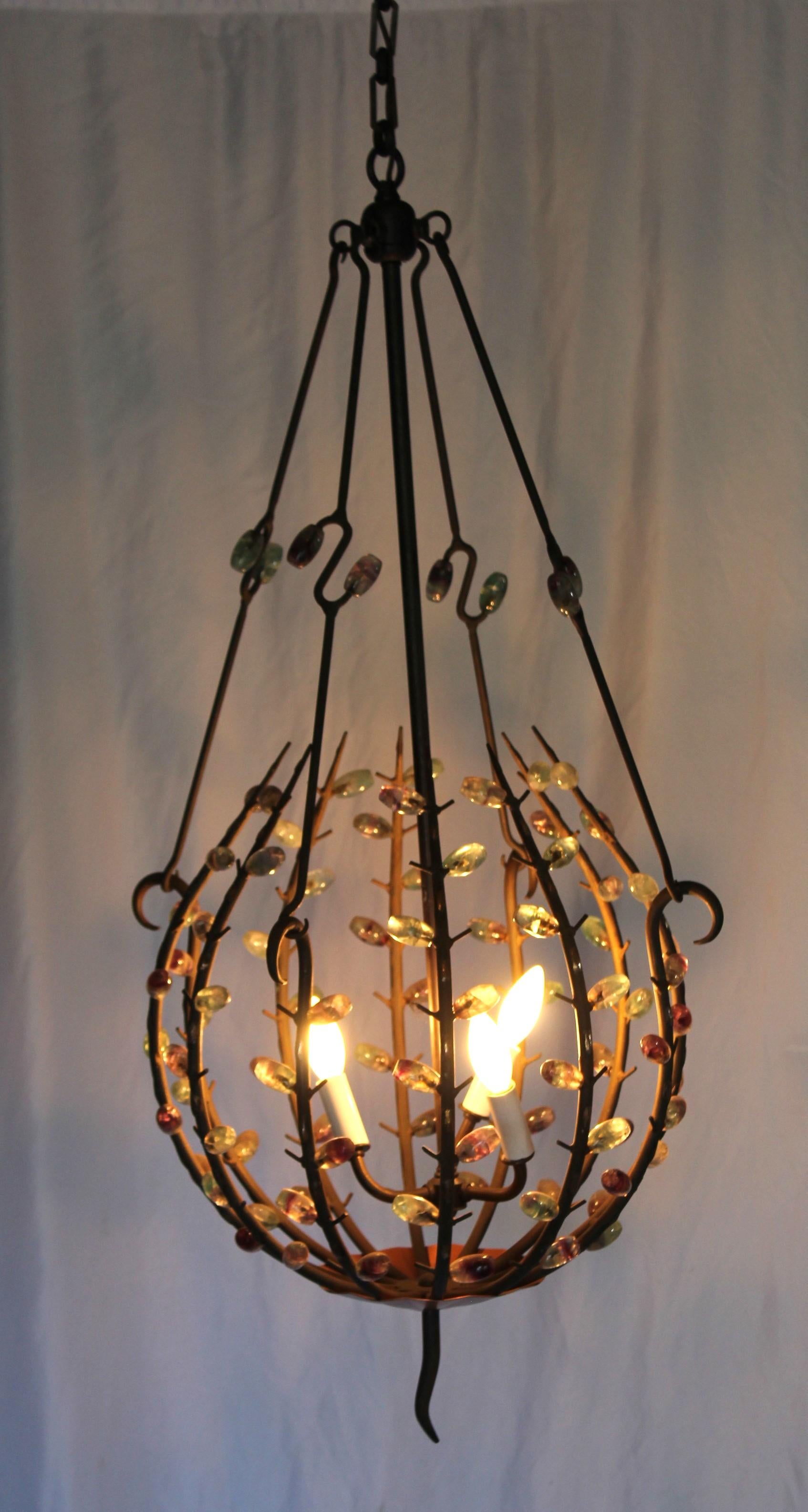 Mid Century Modern Chandelier , Iron & Jewels , After Andre Dubreuil For Sale 5
